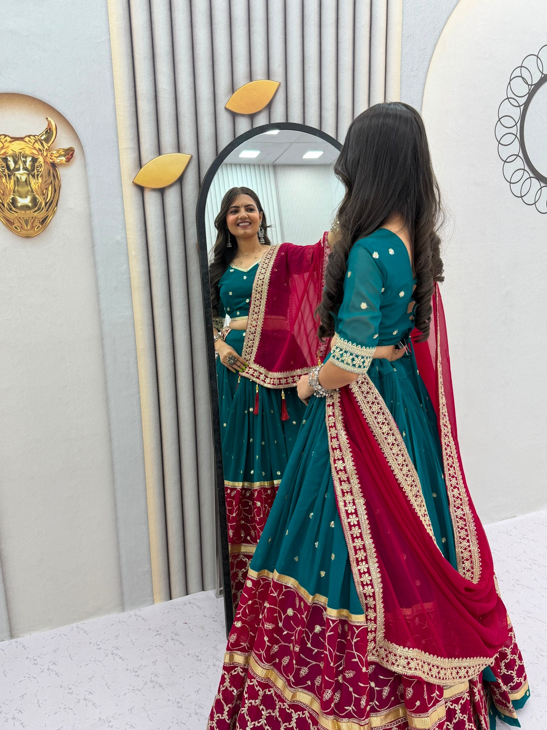 Teal Blue & Wine Fox Georgette Navratri Lehenga Choli with Embroidered Dupatta