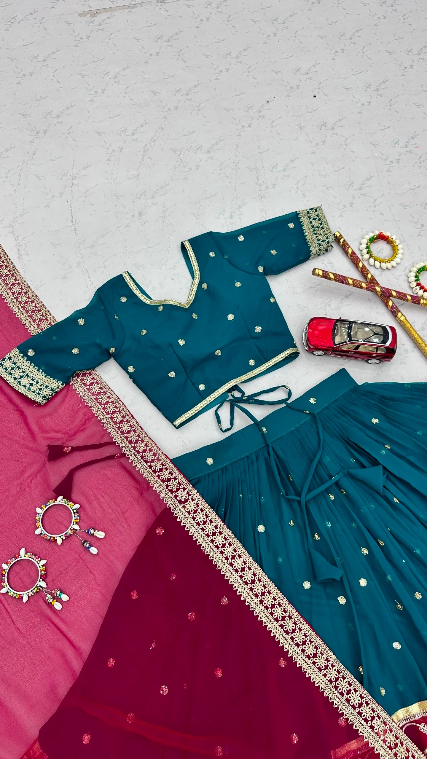 Teal Blue & Wine Fox Georgette Navratri Lehenga Choli with Embroidered Dupatta