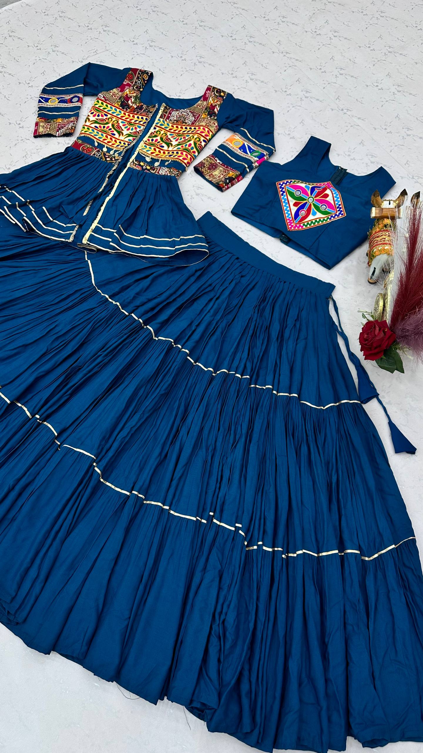 Royal Blue Navratri Gamthi Work Cotton Lehenga Choli with Koti