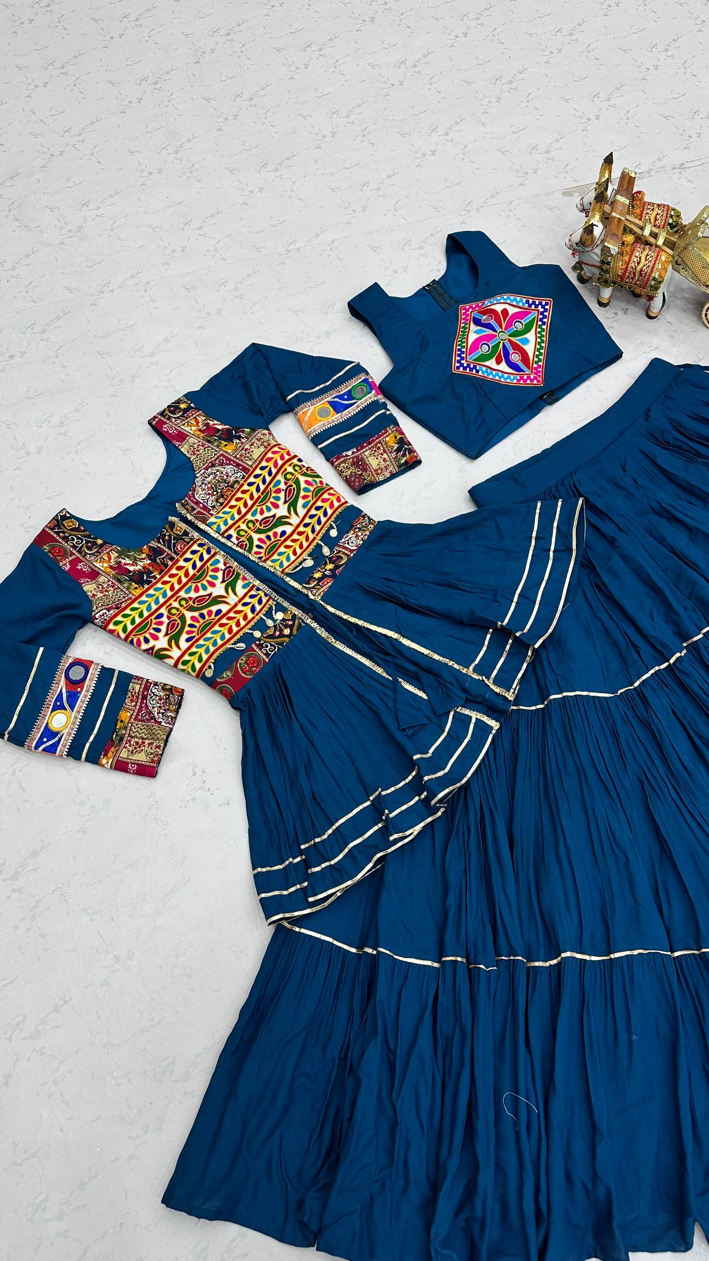 Royal Blue Navratri Gamthi Work Cotton Lehenga Choli with Koti