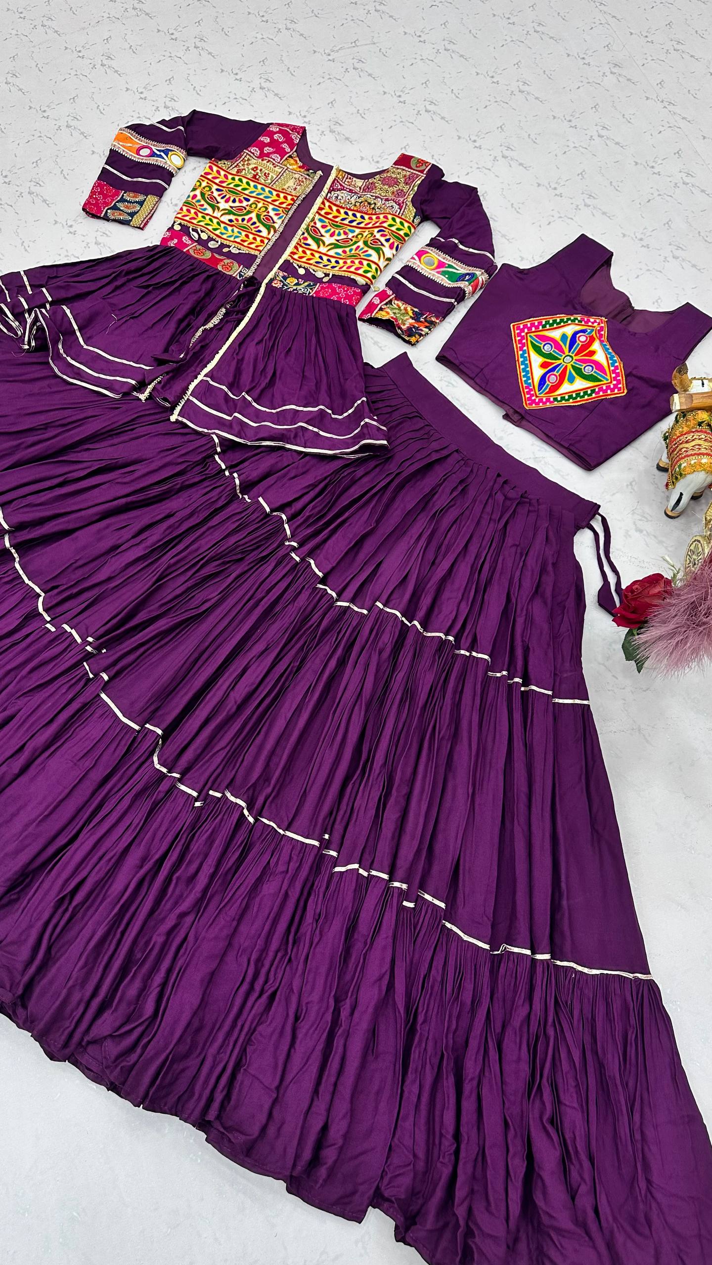 Royal Purple Navratri Gamthi Work Cotton Lehenga Choli with Koti