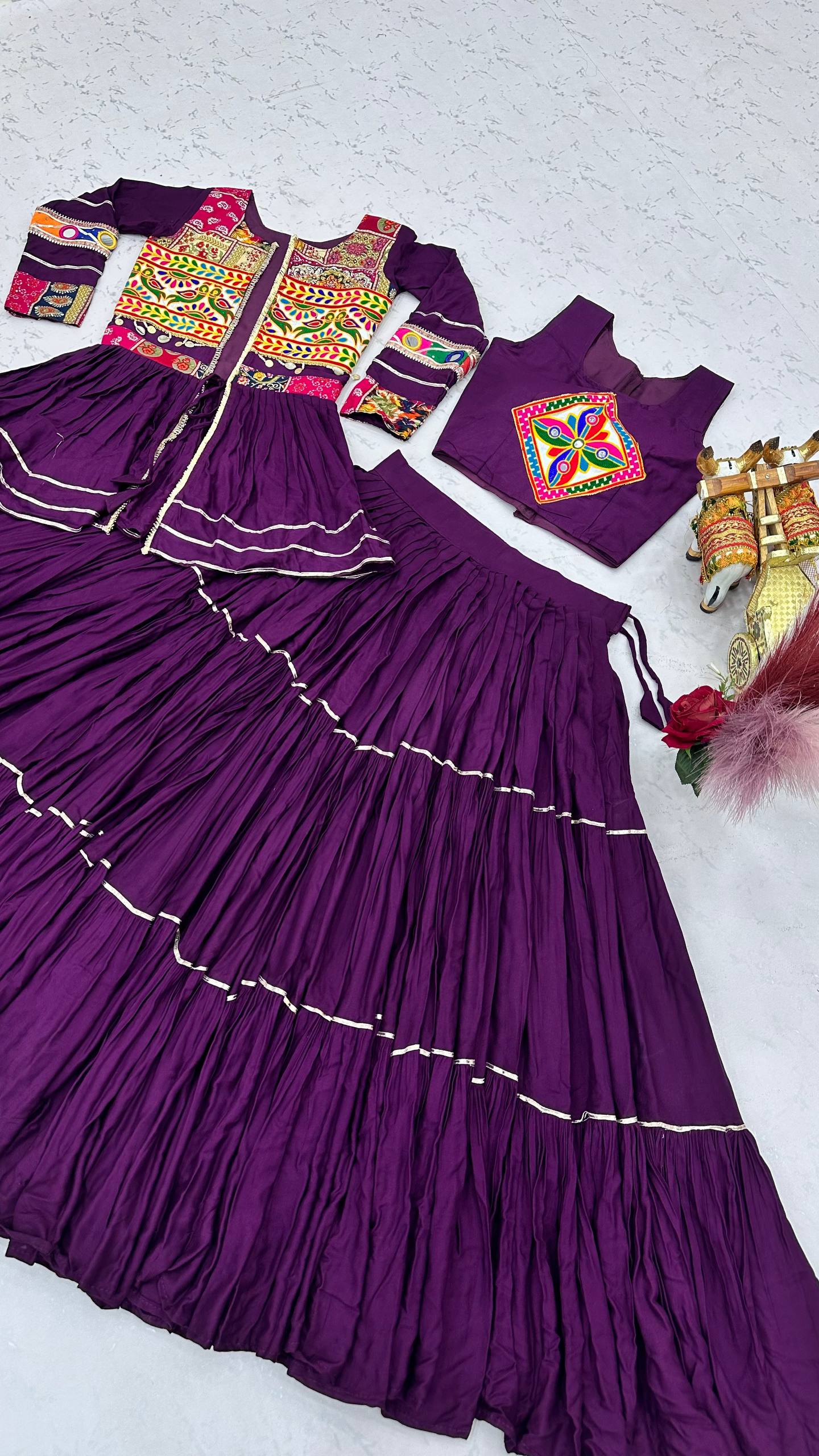Royal Purple Navratri Gamthi Work Cotton Lehenga Choli with Koti