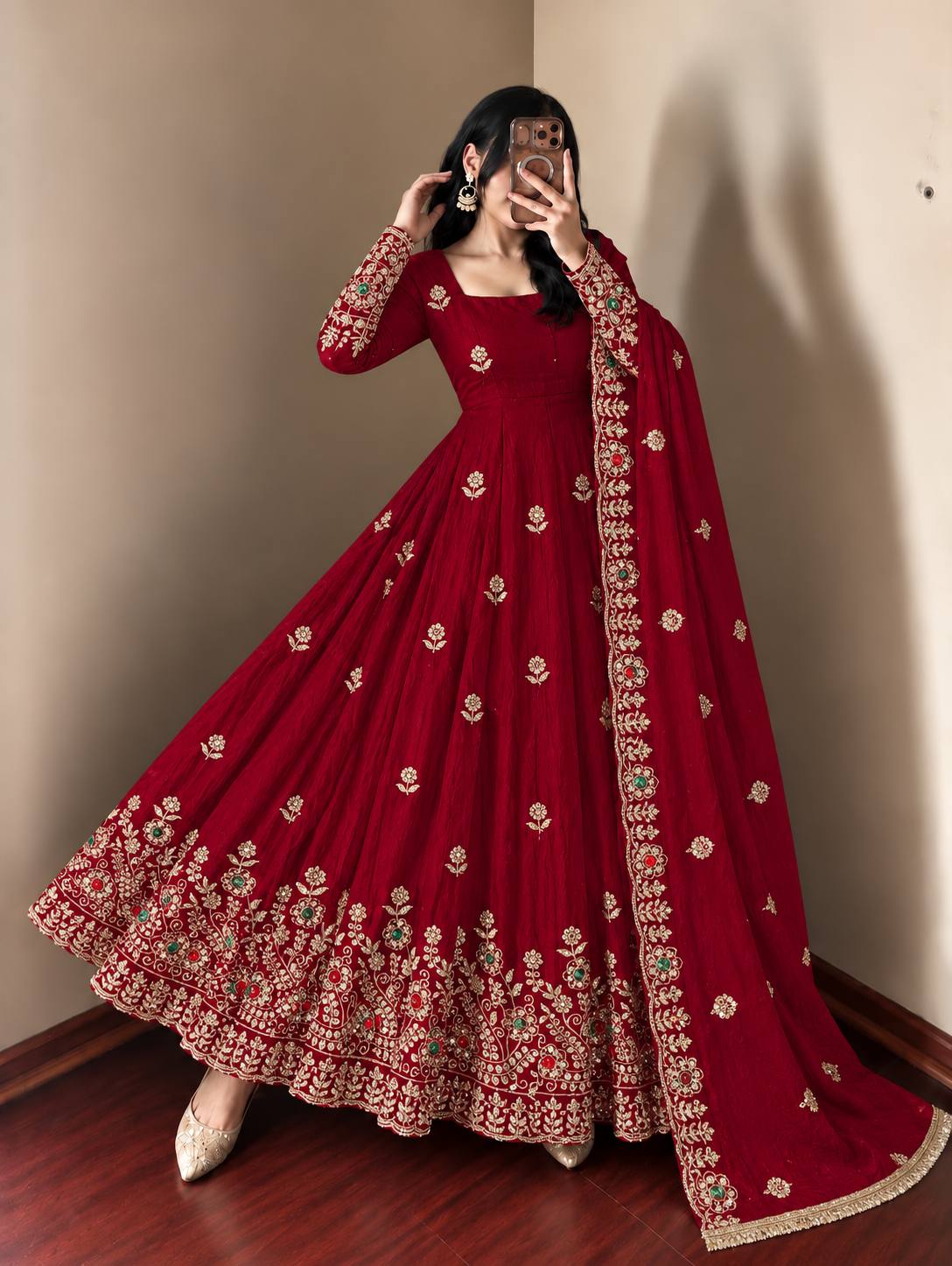 Maroon Doremon Crush Embroidered Gown Set with Diamond Work Dupatta