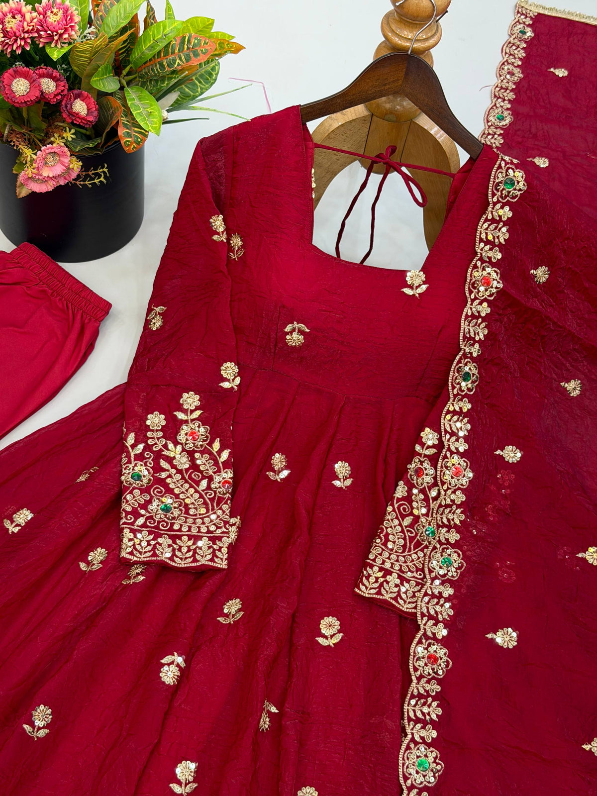 Maroon Doremon Crush Embroidered Gown Set with Diamond Work Dupatta