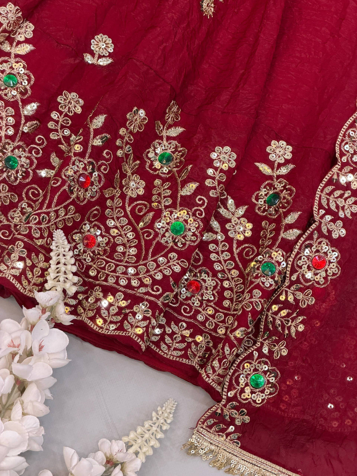 Maroon Doremon Crush Embroidered Gown Set with Diamond Work Dupatta