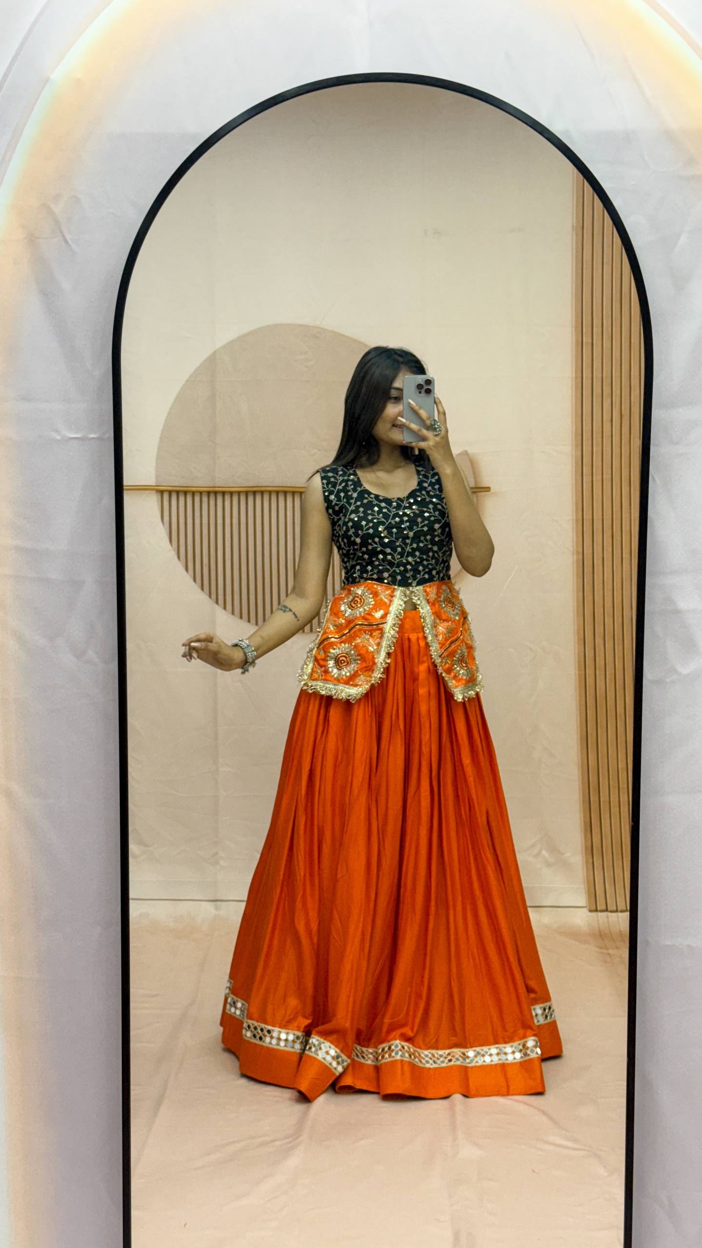Orange Pure Cotton Navratri Lehenga Choli Set with Mirror Lace & Embroidered Blouse