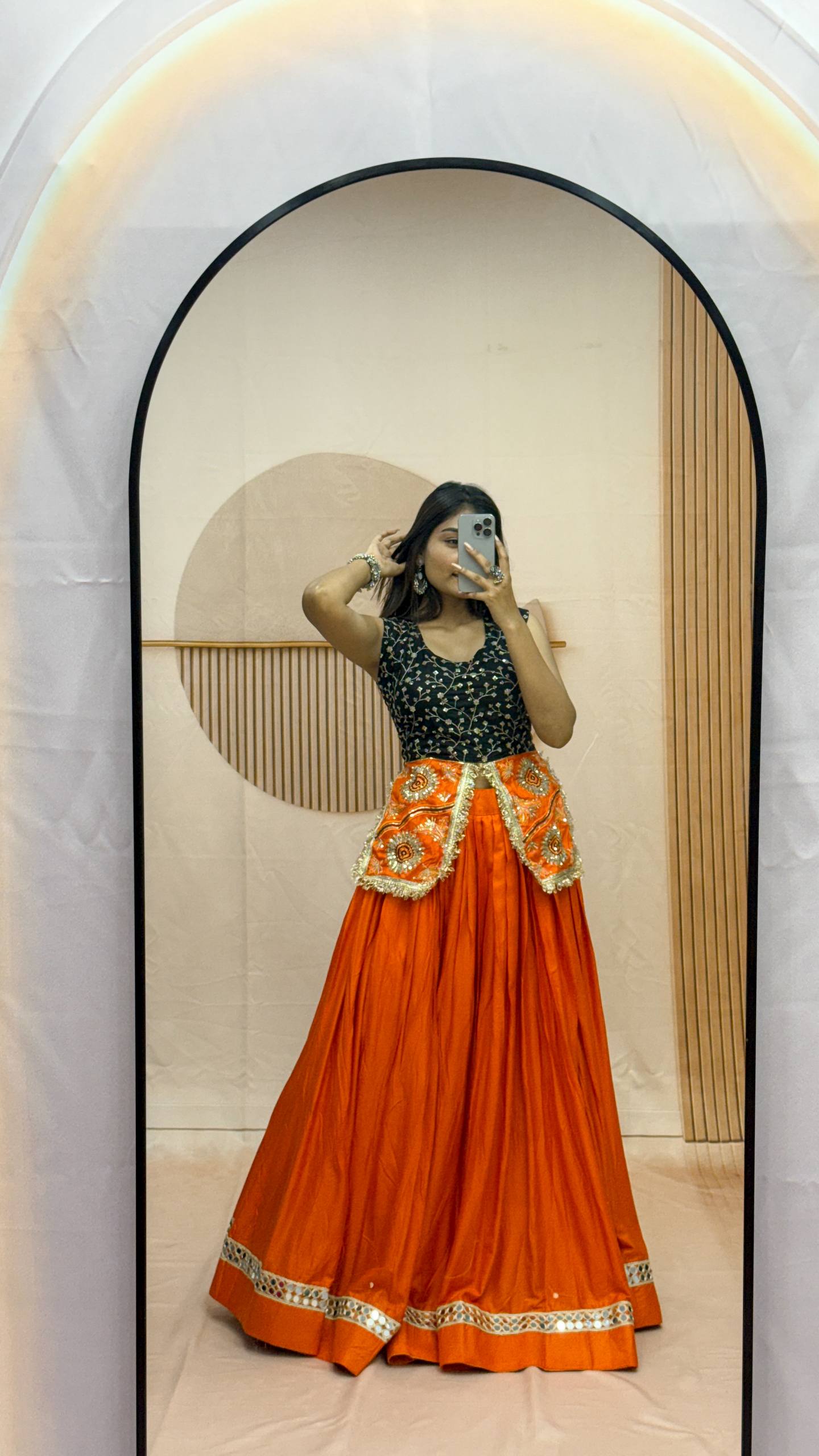 Orange Pure Cotton Navratri Lehenga Choli Set with Mirror Lace & Embroidered Blouse