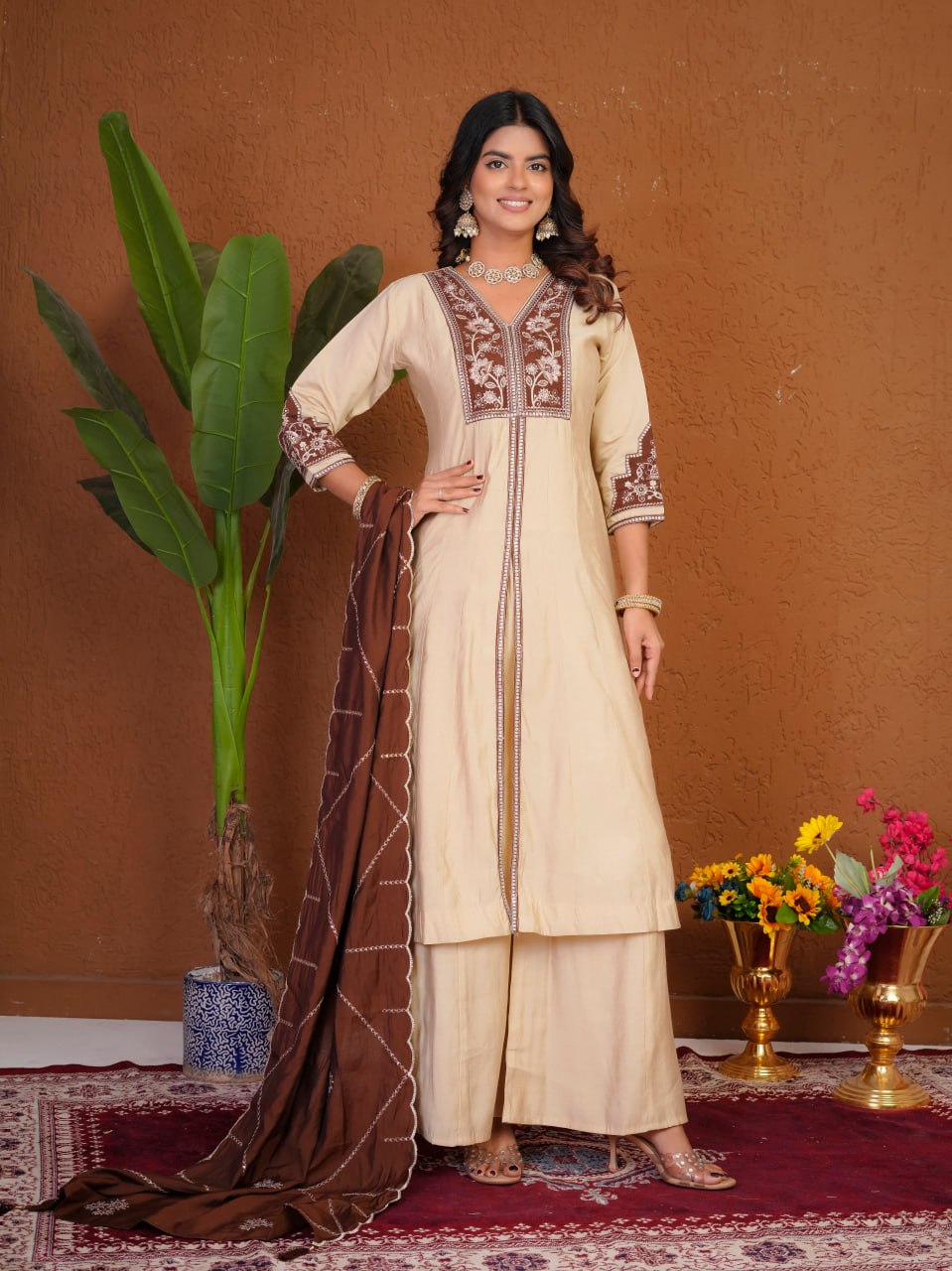 Cream Roman Silk Embroidered Anarkali Kurti Set with Brown Dupatta