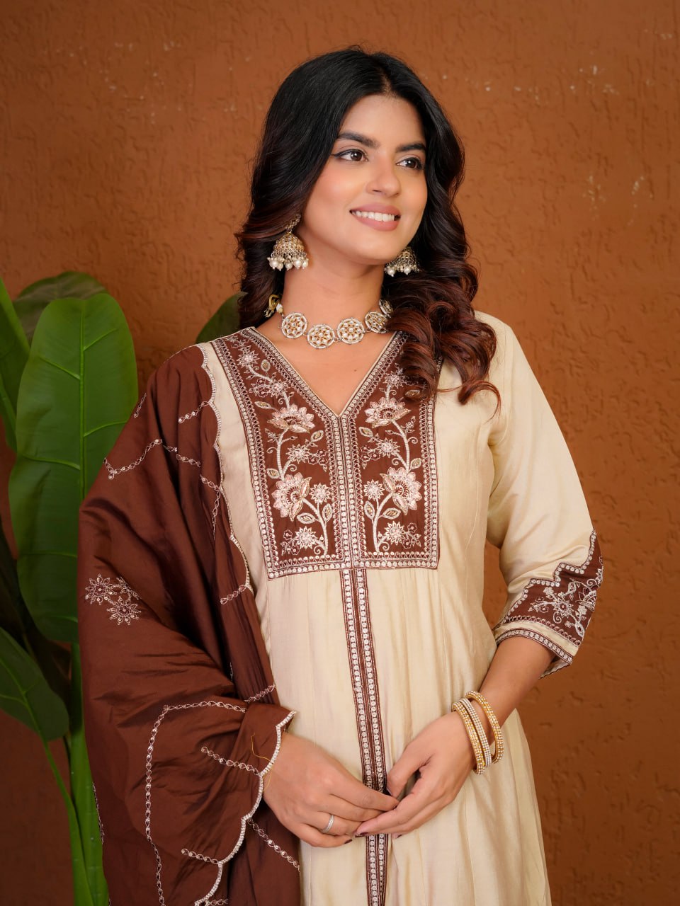 Cream Roman Silk Embroidered Anarkali Kurti Set with Brown Dupatta