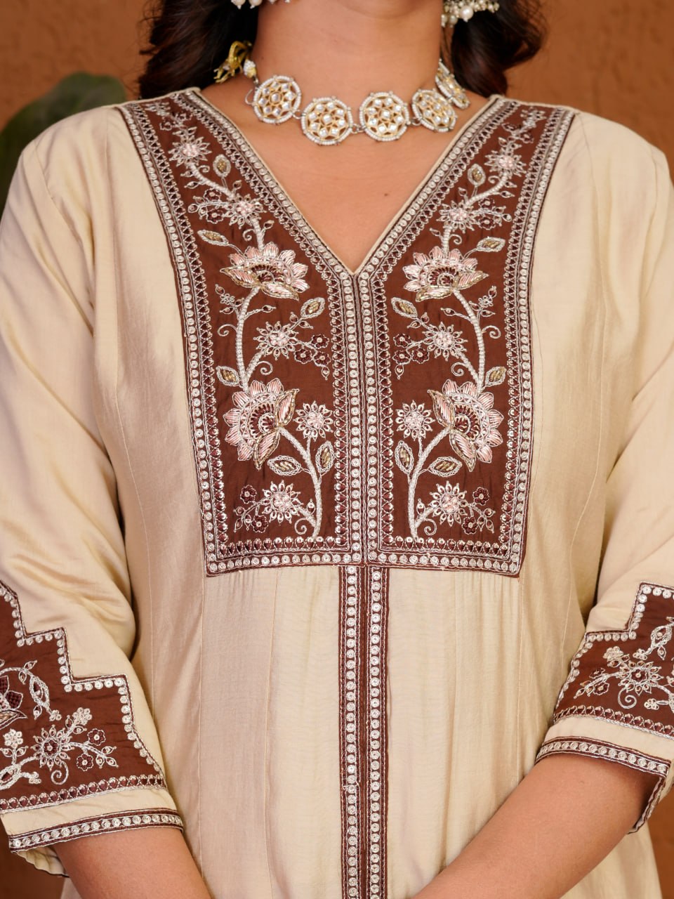Cream Roman Silk Embroidered Anarkali Kurti Set with Brown Dupatta