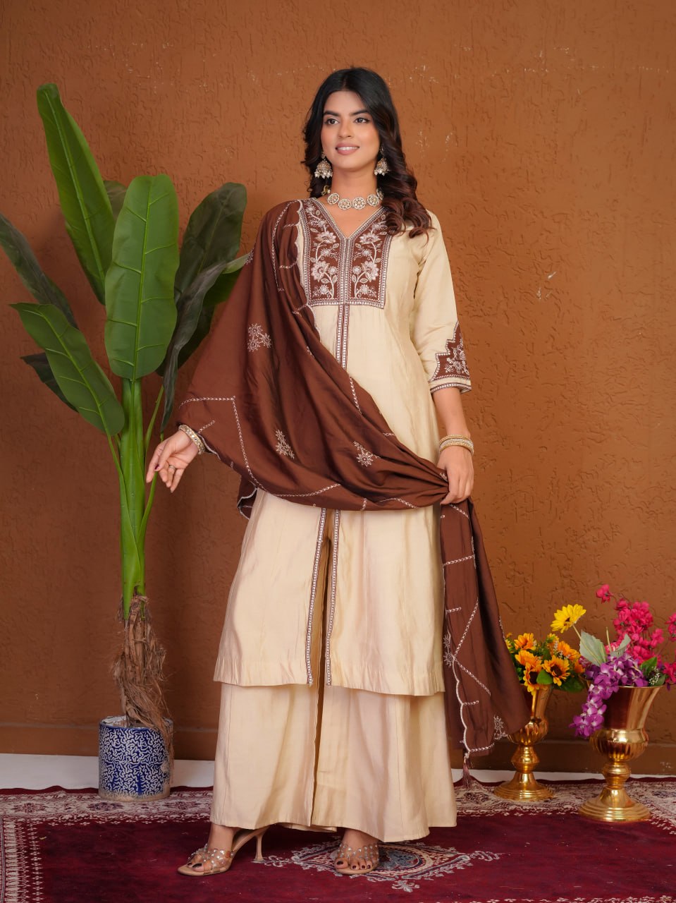 Cream Roman Silk Embroidered Anarkali Kurti Set with Brown Dupatta
