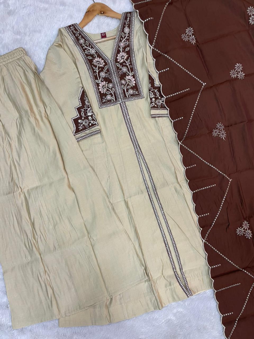 Cream Roman Silk Embroidered Anarkali Kurti Set with Brown Dupatta