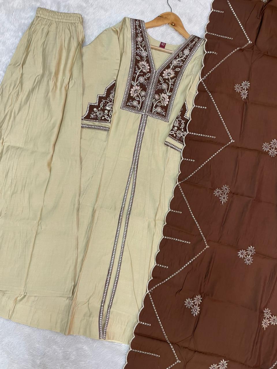 Cream Roman Silk Embroidered Anarkali Kurti Set with Brown Dupatta
