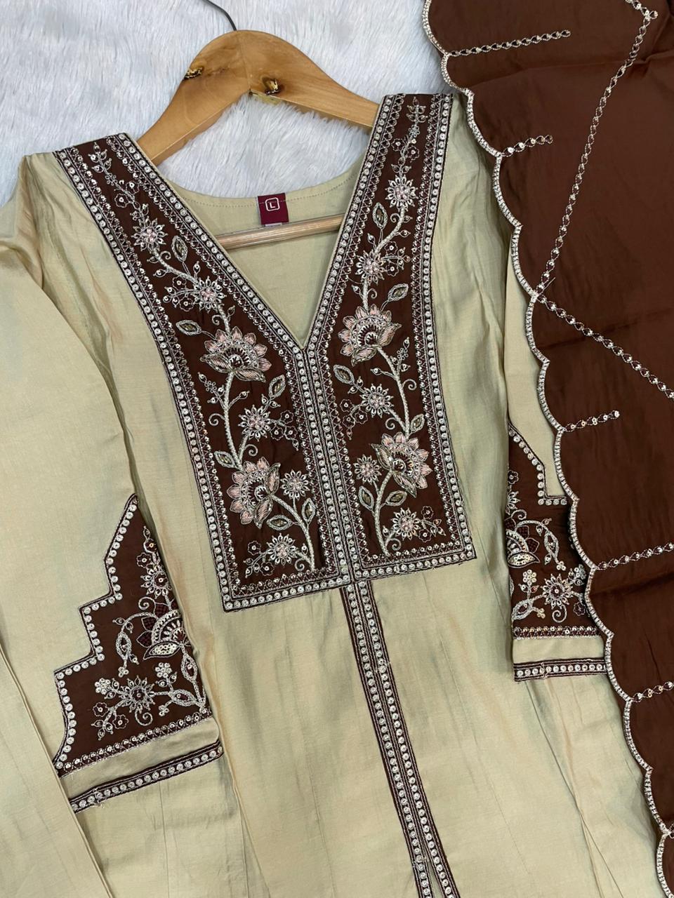 Cream Roman Silk Embroidered Anarkali Kurti Set with Brown Dupatta