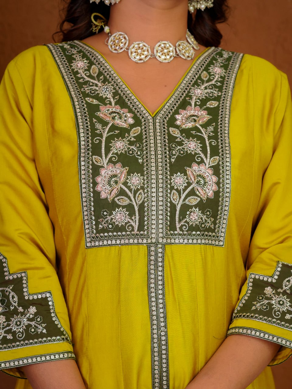 Mustard Yellow Roman Silk Embroidered Anarkali Kurti Palazzo Set with Olive Green Dupatta