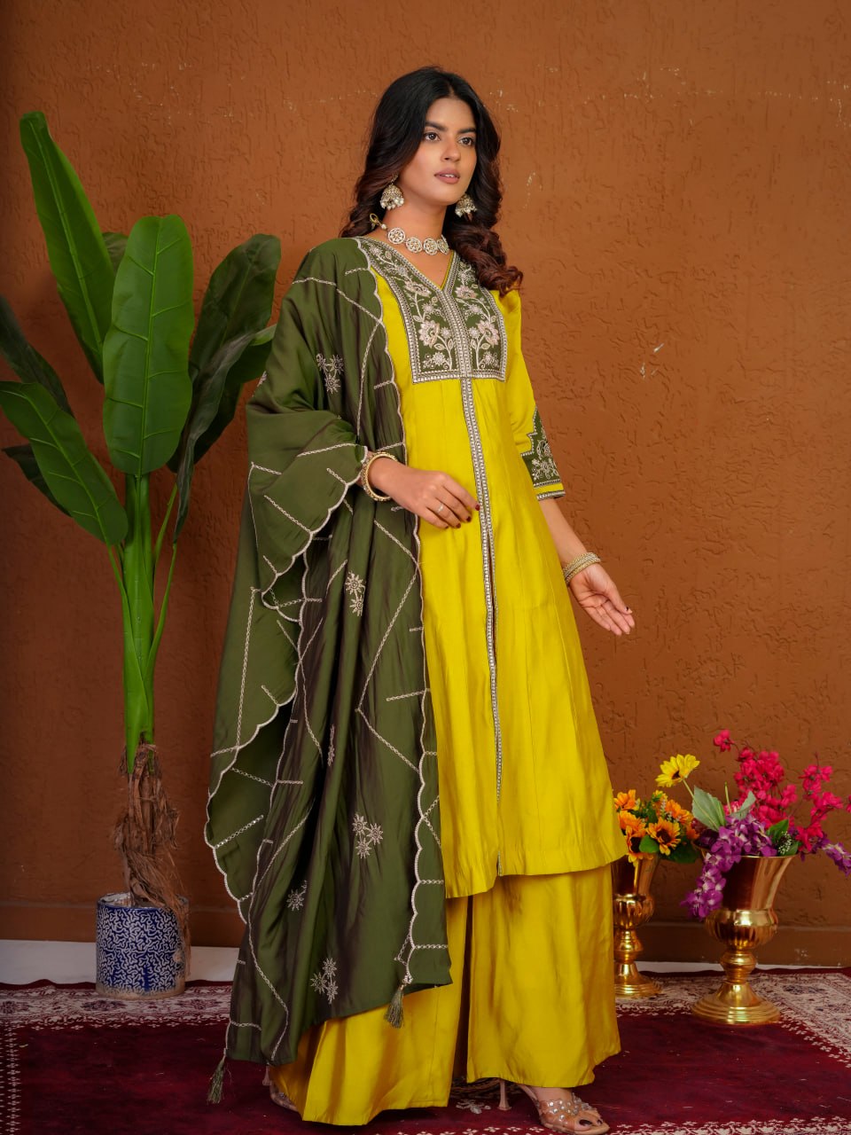 Mustard Yellow Roman Silk Embroidered Anarkali Kurti Palazzo Set with Olive Green Dupatta