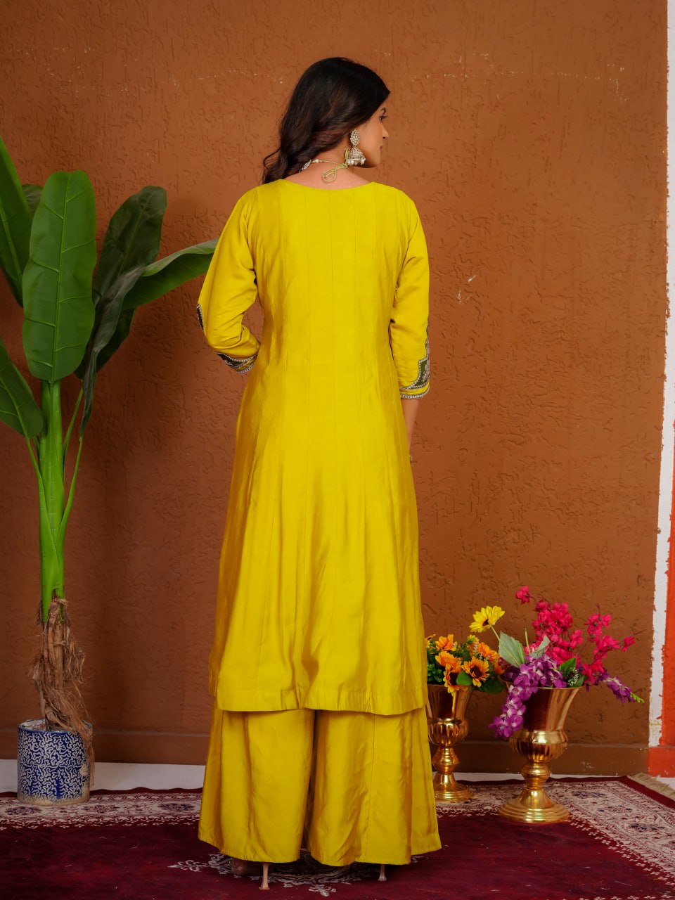 Mustard Yellow Roman Silk Embroidered Anarkali Kurti Palazzo Set with Olive Green Dupatta