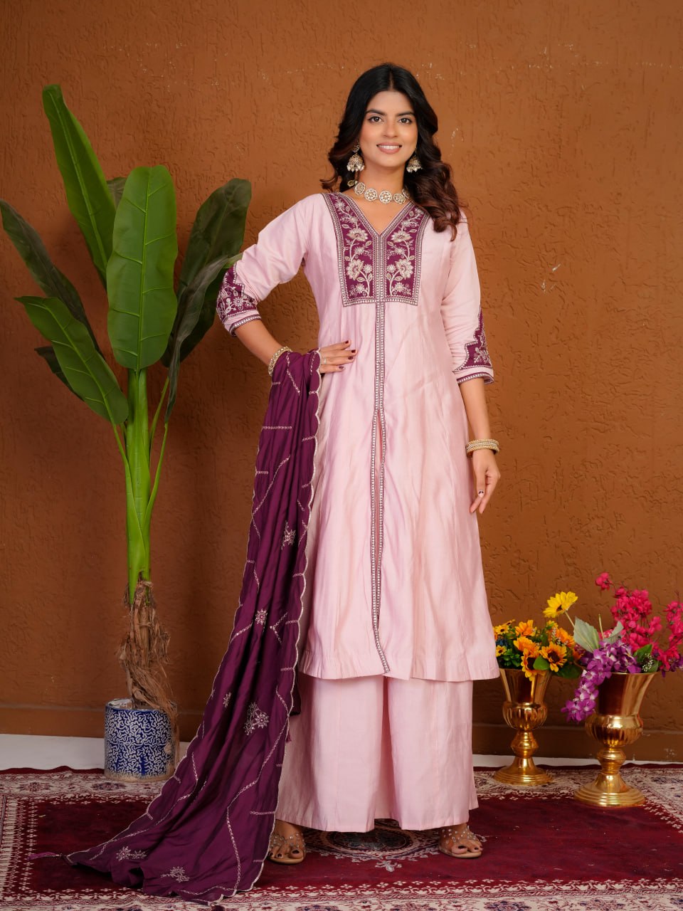 Blush Pink & Wine Roman Silk Embroidered Anarkali Kurti Plazo Set with Dupatta