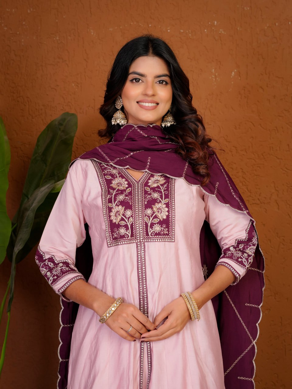 Blush Pink & Wine Roman Silk Embroidered Anarkali Kurti Plazo Set with Dupatta
