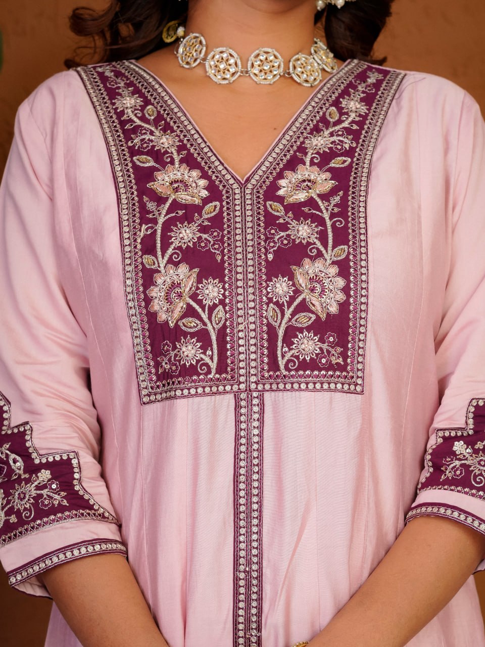 Blush Pink & Wine Roman Silk Embroidered Anarkali Kurti Plazo Set with Dupatta