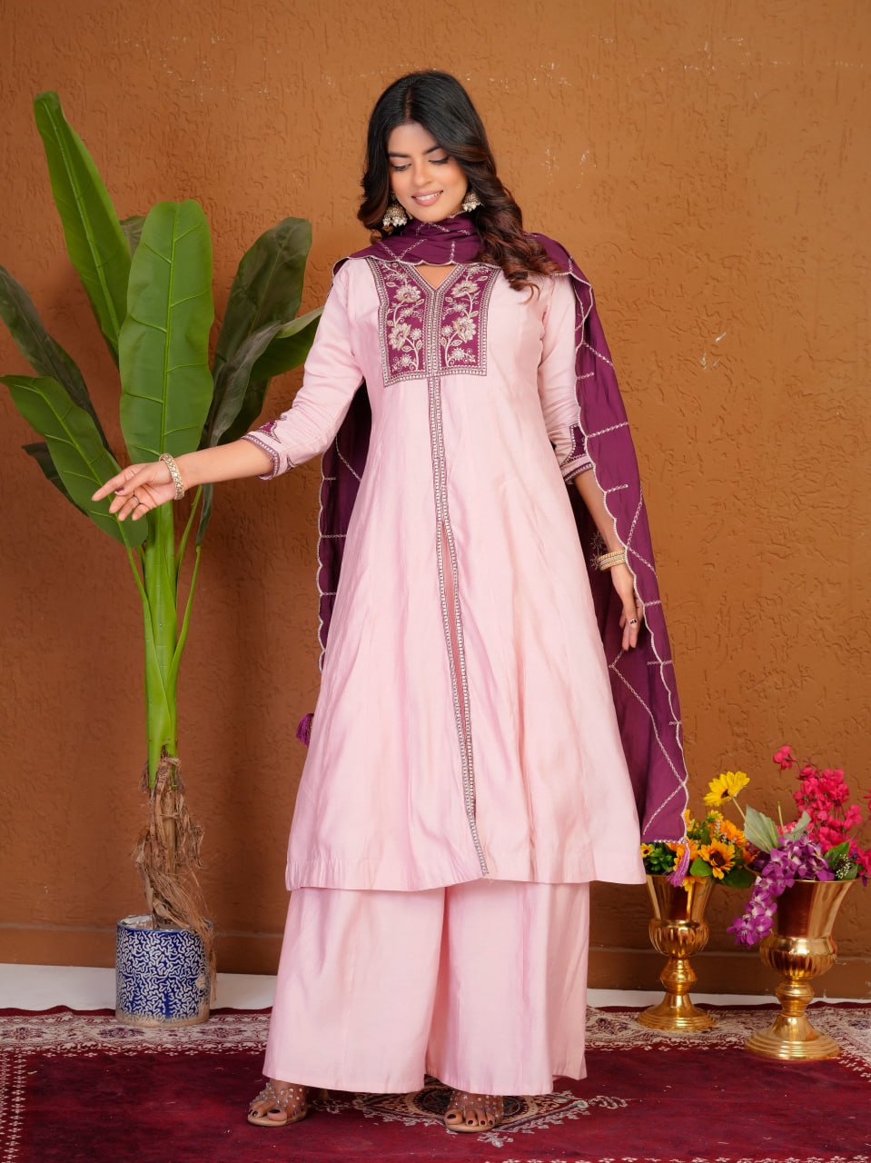 Blush Pink & Wine Roman Silk Embroidered Anarkali Kurti Plazo Set with Dupatta