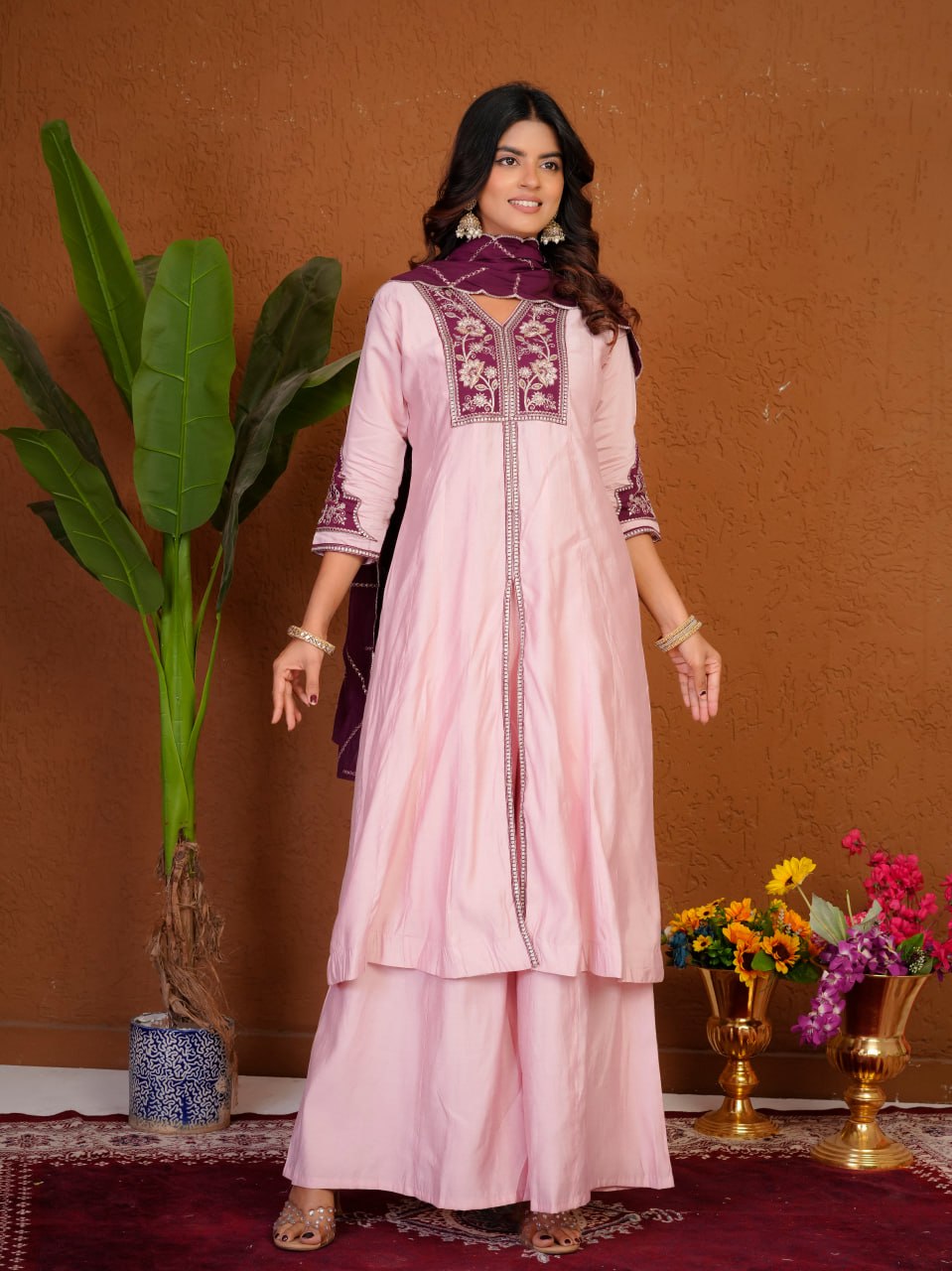 Blush Pink & Wine Roman Silk Embroidered Anarkali Kurti Plazo Set with Dupatta