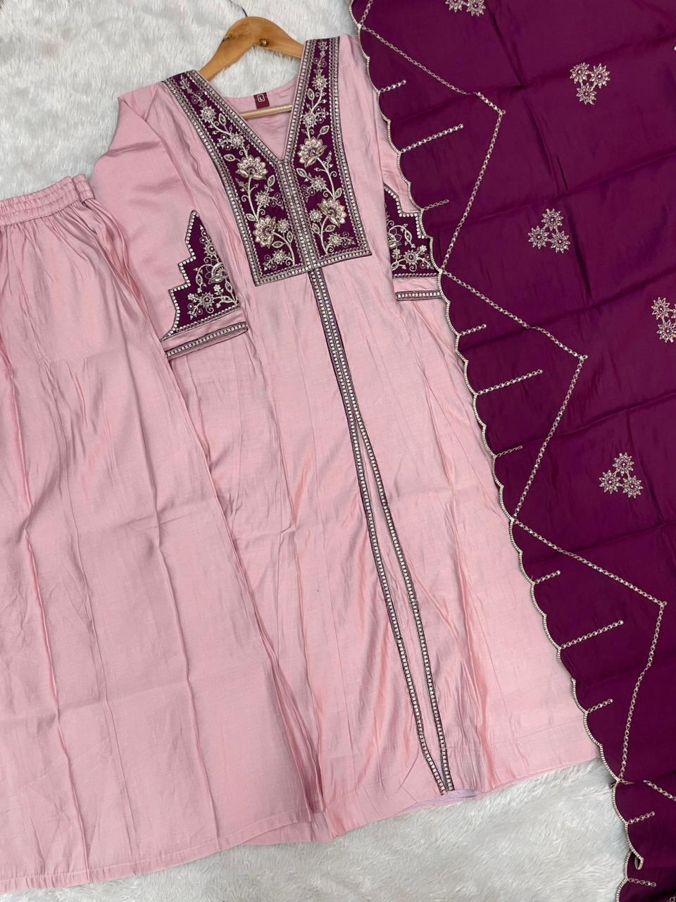 Blush Pink & Wine Roman Silk Embroidered Anarkali Kurti Plazo Set with Dupatta