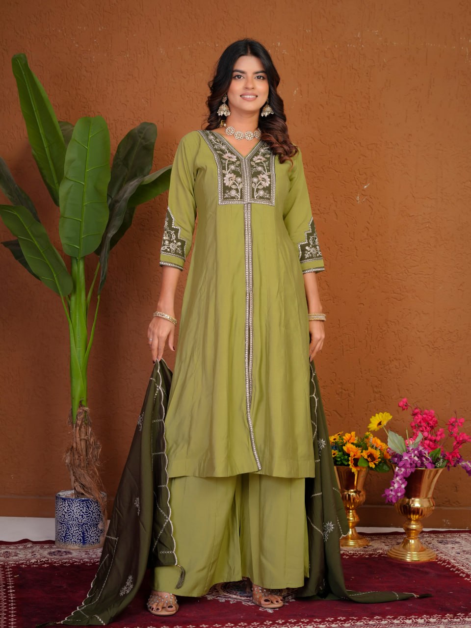 Pista Green Roman Silk Embroidered Anarkali Kurti Set with Dupatta