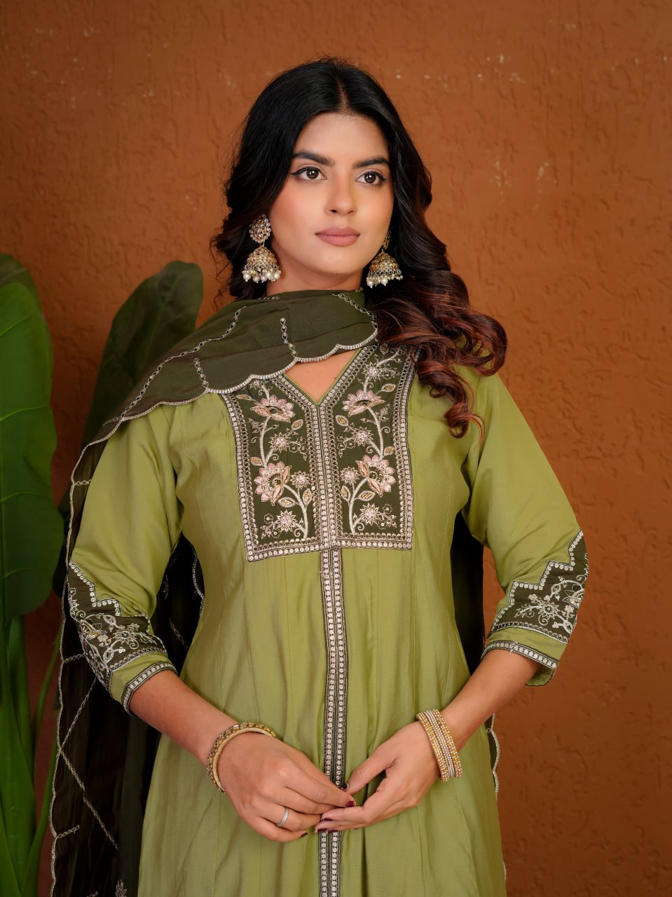 Pista Green Roman Silk Embroidered Anarkali Kurti Set with Dupatta