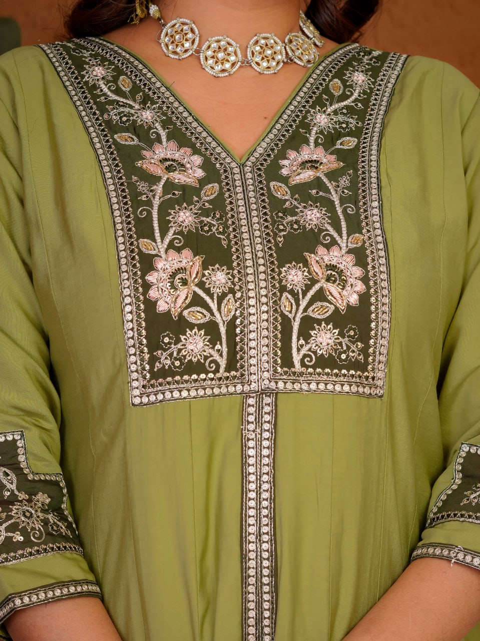 Pista Green Roman Silk Embroidered Anarkali Kurti Set with Dupatta