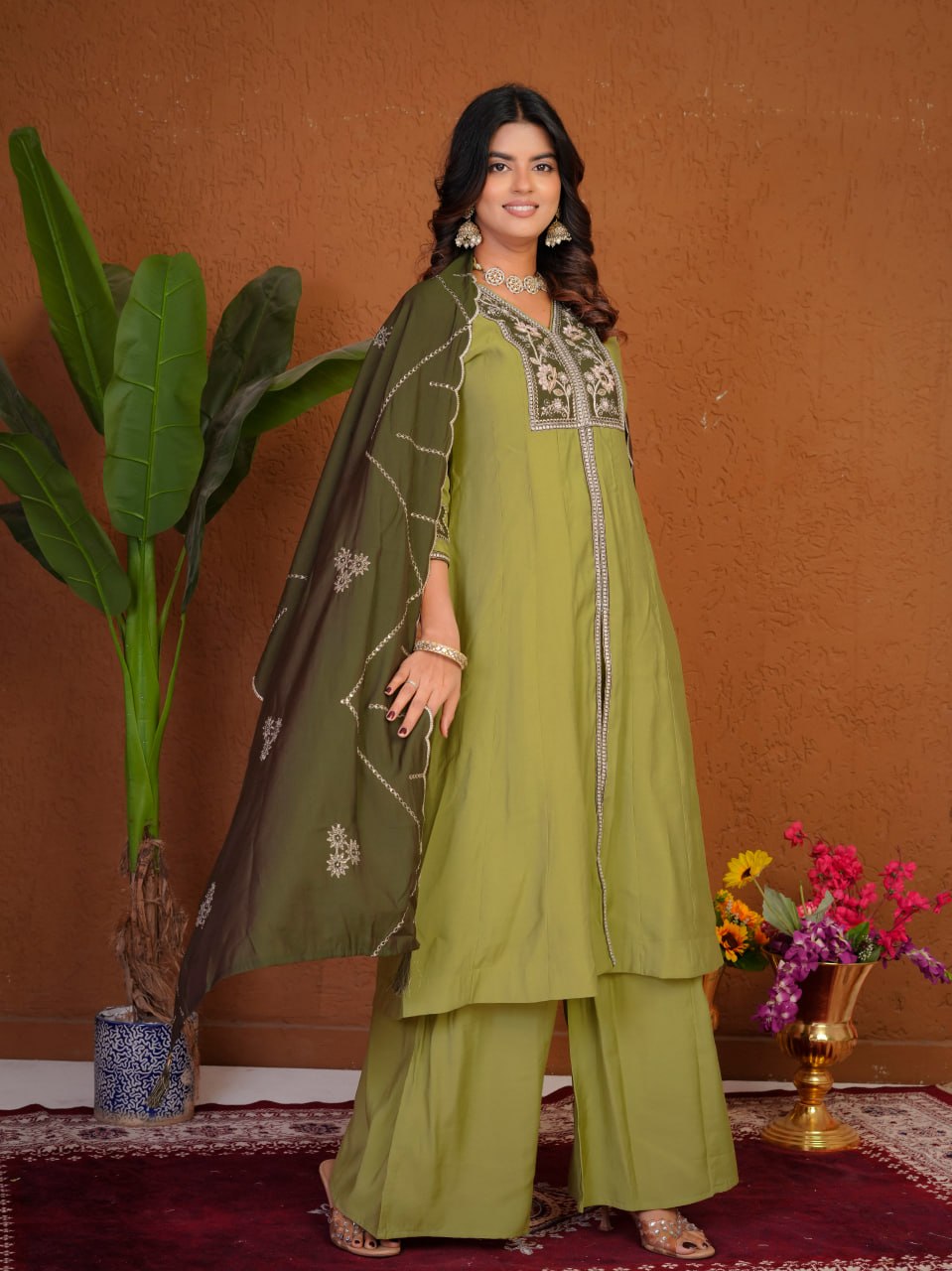Pista Green Roman Silk Embroidered Anarkali Kurti Set with Dupatta