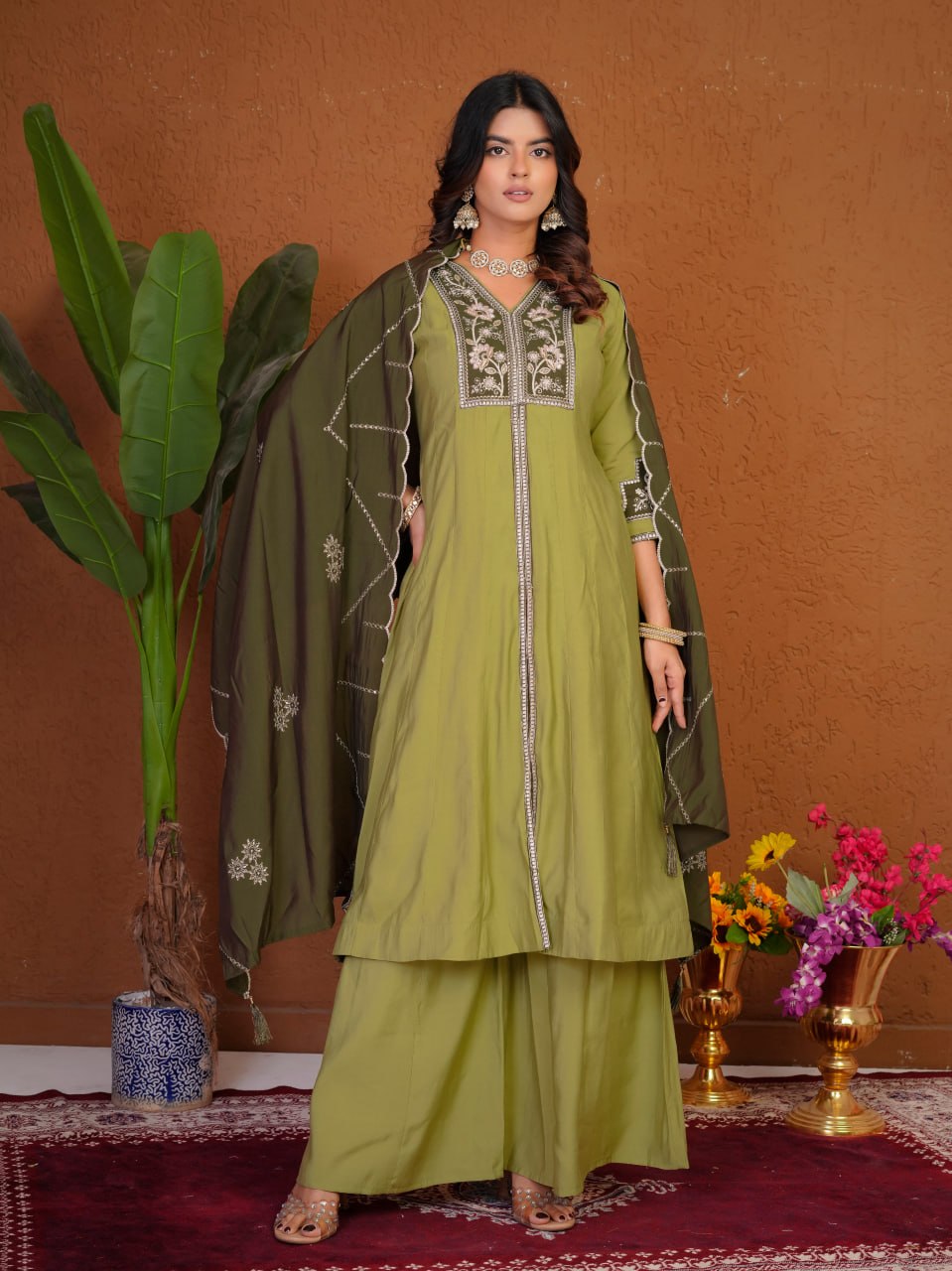 Pista Green Roman Silk Embroidered Anarkali Kurti Set with Dupatta