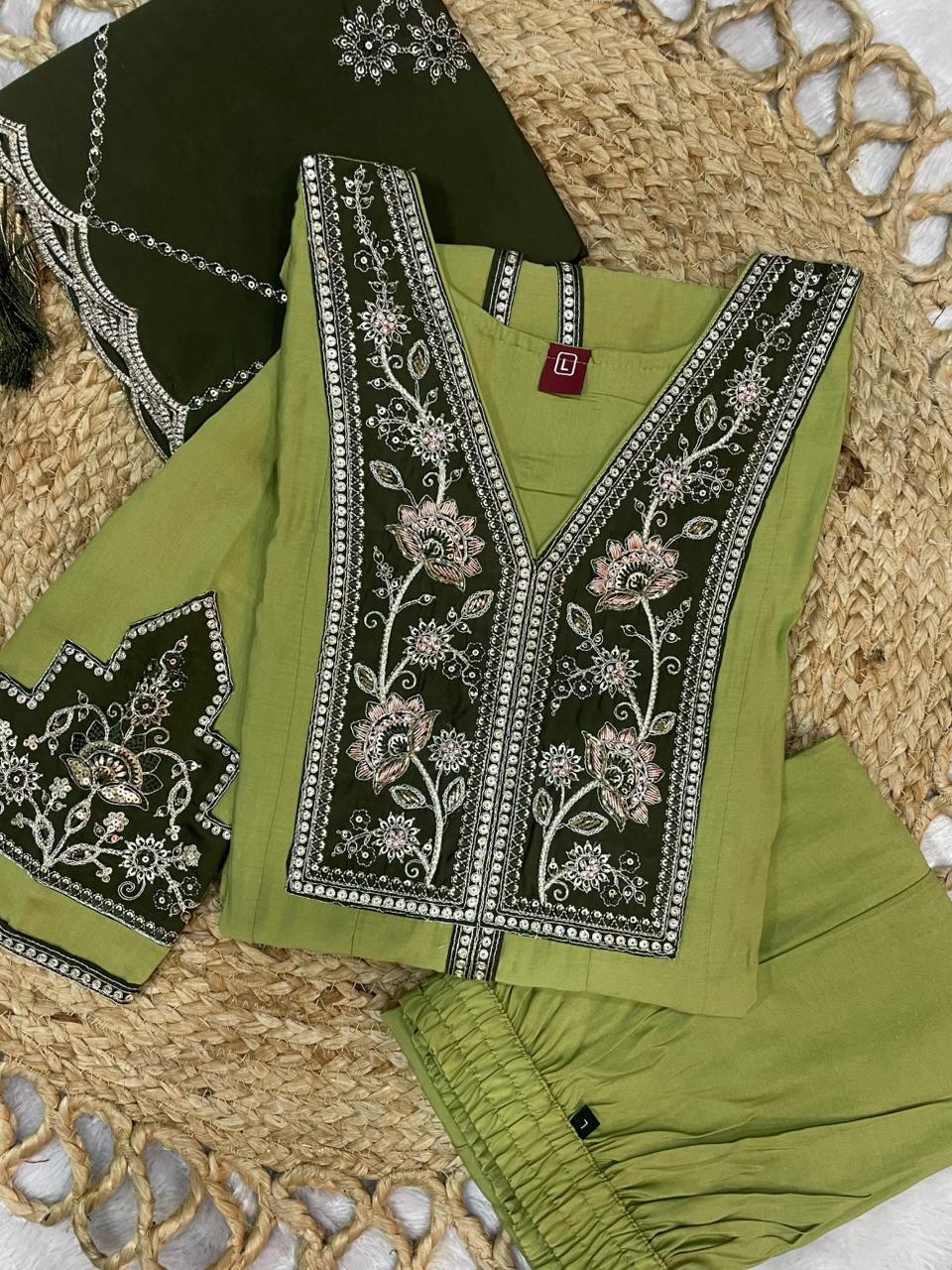 Pista Green Roman Silk Embroidered Anarkali Kurti Set with Dupatta