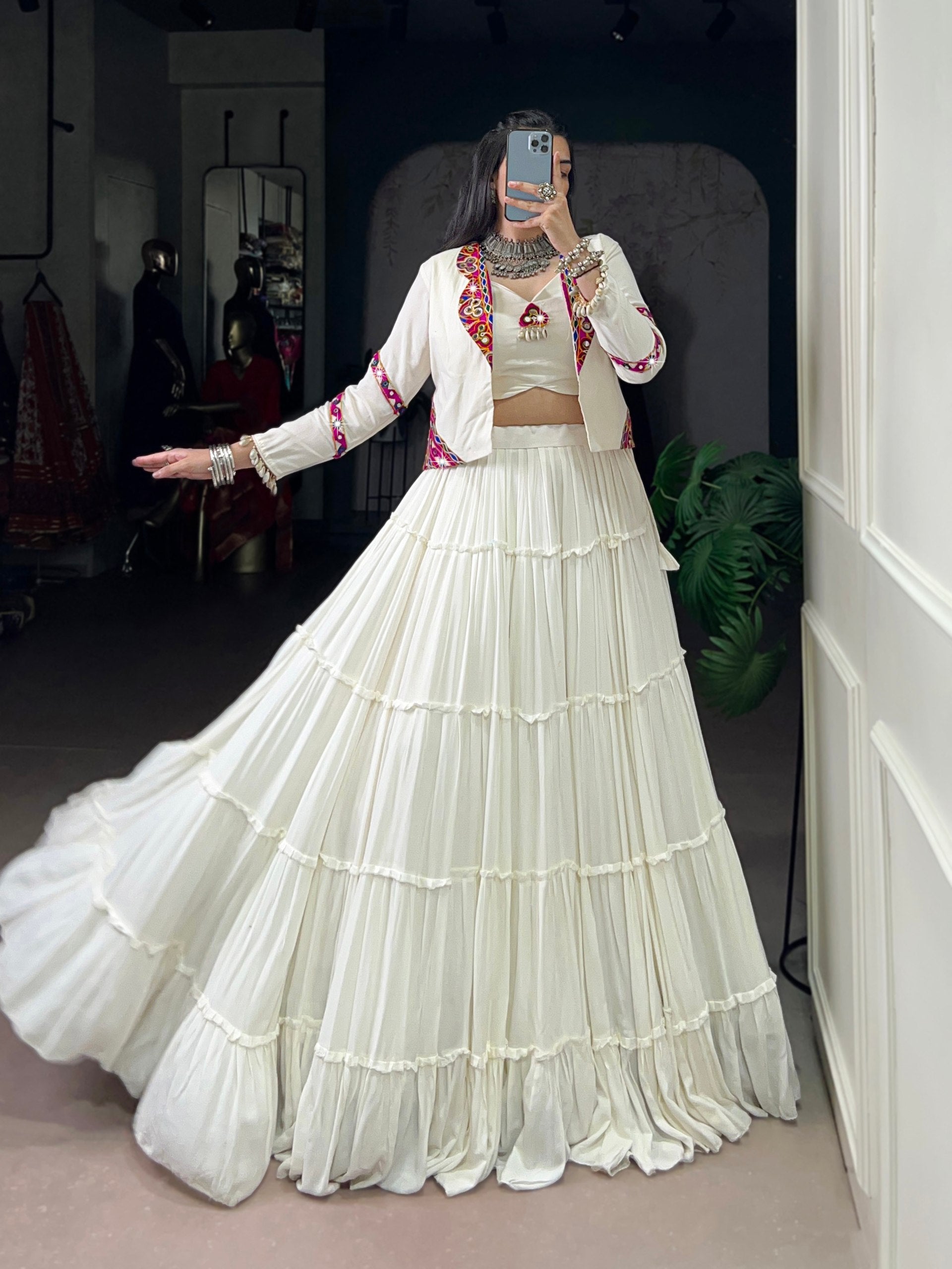 White Pure Rayon Navratri Lehenga Choli with Gamthi Work Jacket