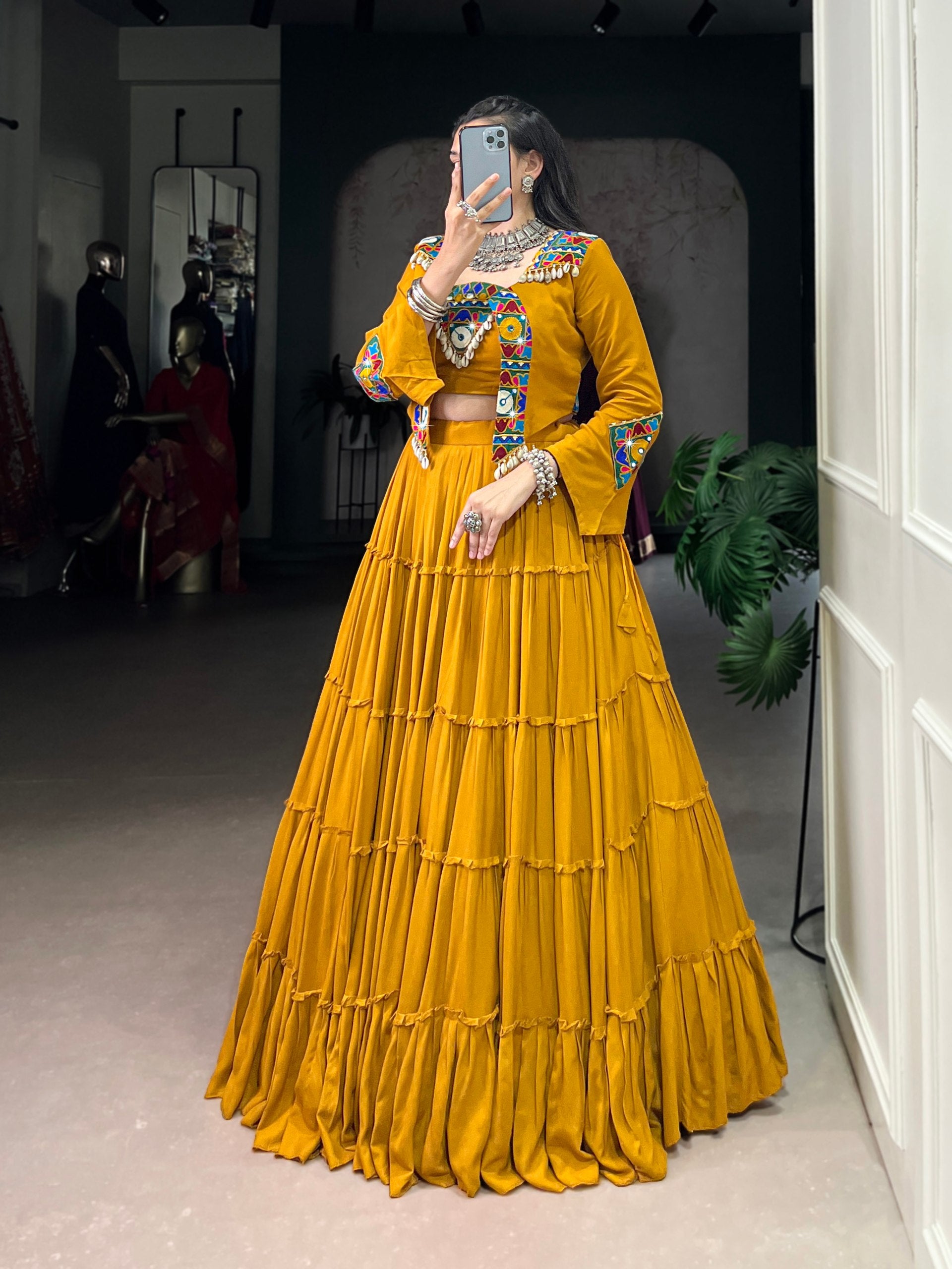 Mustard Yellow Pure Rayon Navratri Lehenga Choli with Gamthi Work Jacket