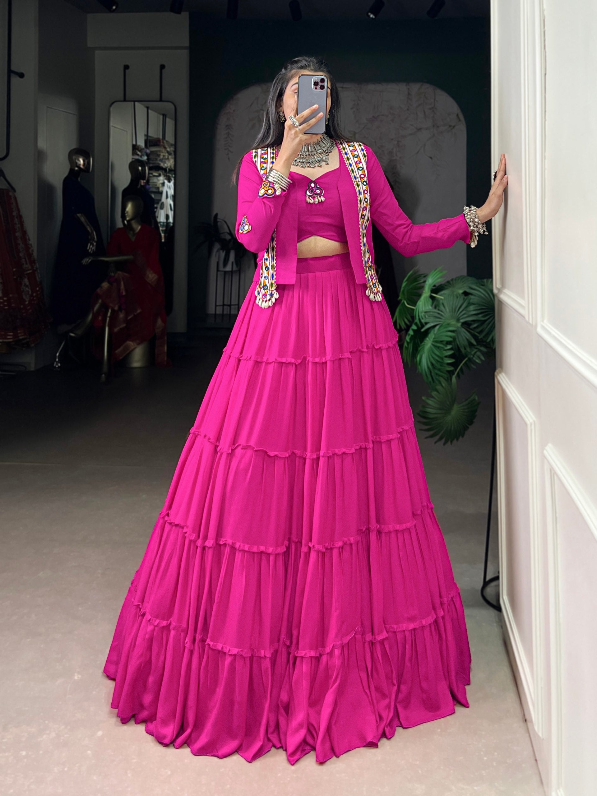 Hot Pink Pure Rayon Navratri Lehenga Choli with Gamthi Work Jacket