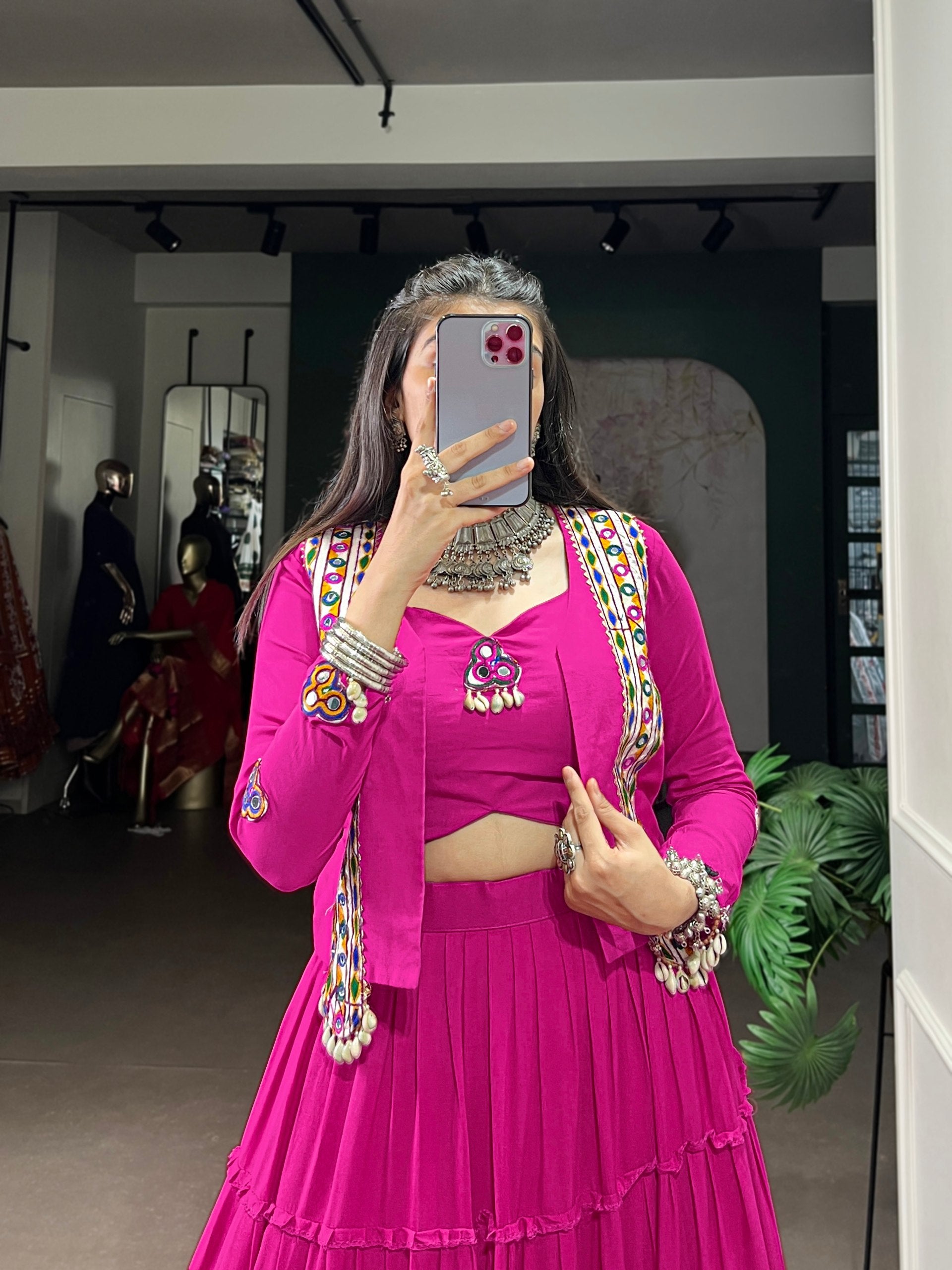 Hot Pink Pure Rayon Navratri Lehenga Choli with Gamthi Work Jacket