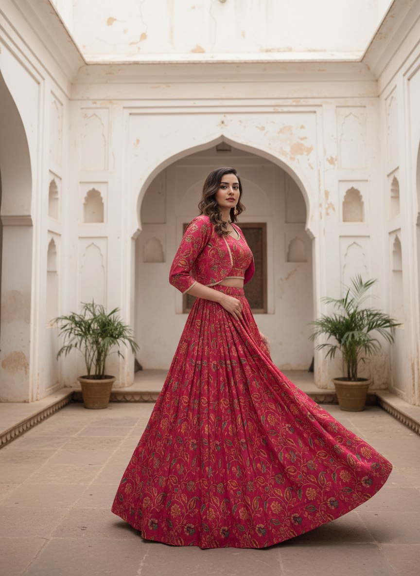 Rani Pink Floral Print Tasar Silk Co-Ord Lehenga Set with Koti