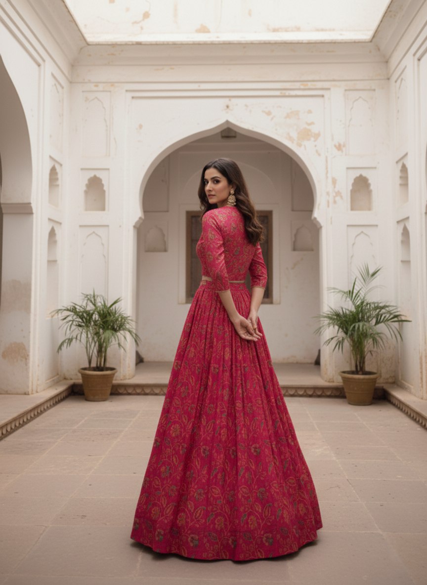 Rani Pink Floral Print Tasar Silk Co-Ord Lehenga Set with Koti