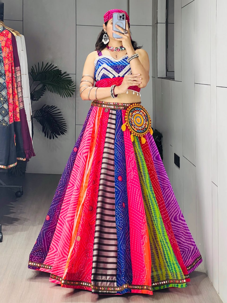 Multicolor Bandhani Print Navratri Chaniya Choli Set with Free Gamthi Batwa & Scarf