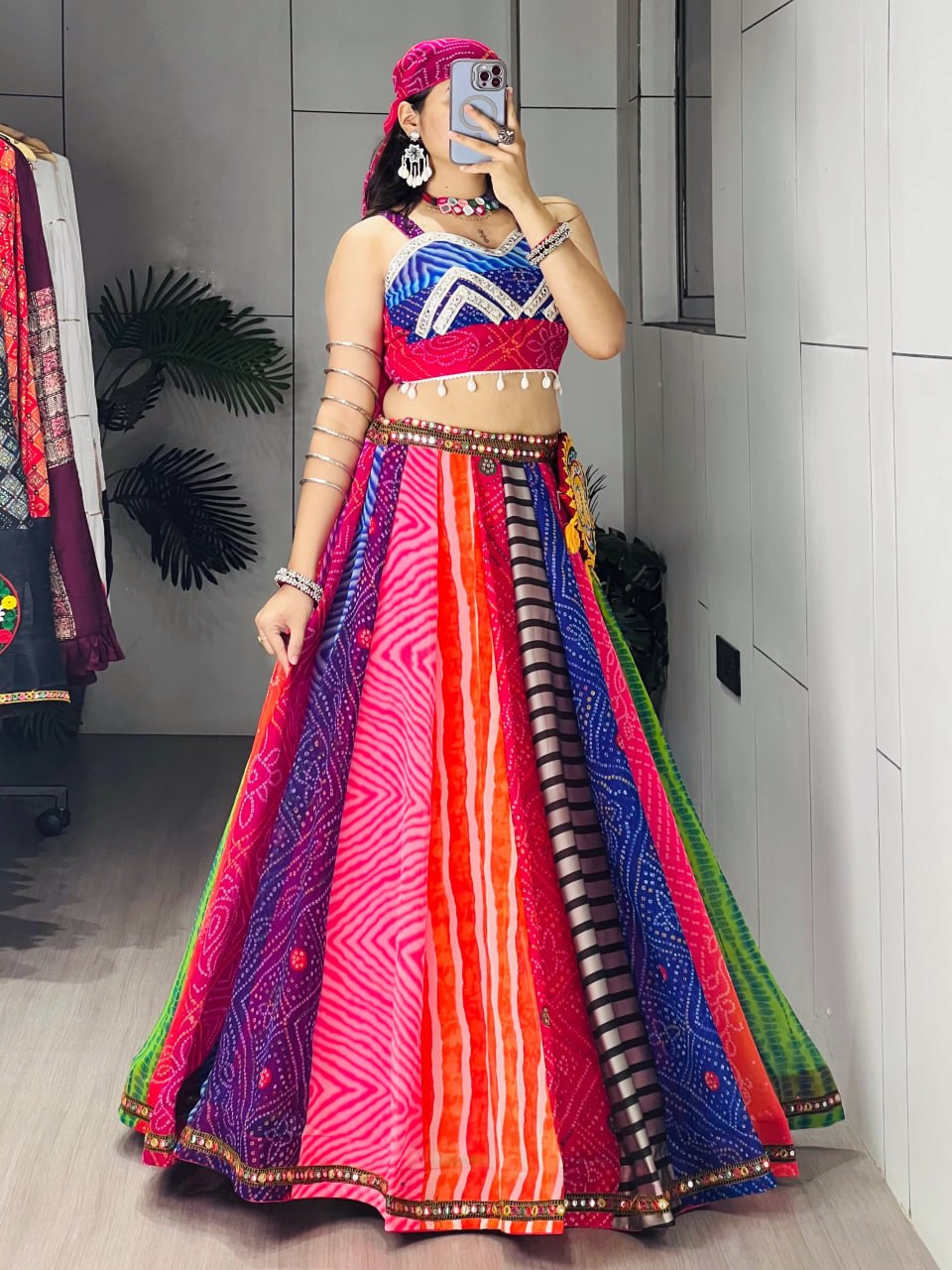 Multicolor Bandhani Print Navratri Chaniya Choli Set with Free Gamthi Batwa & Scarf