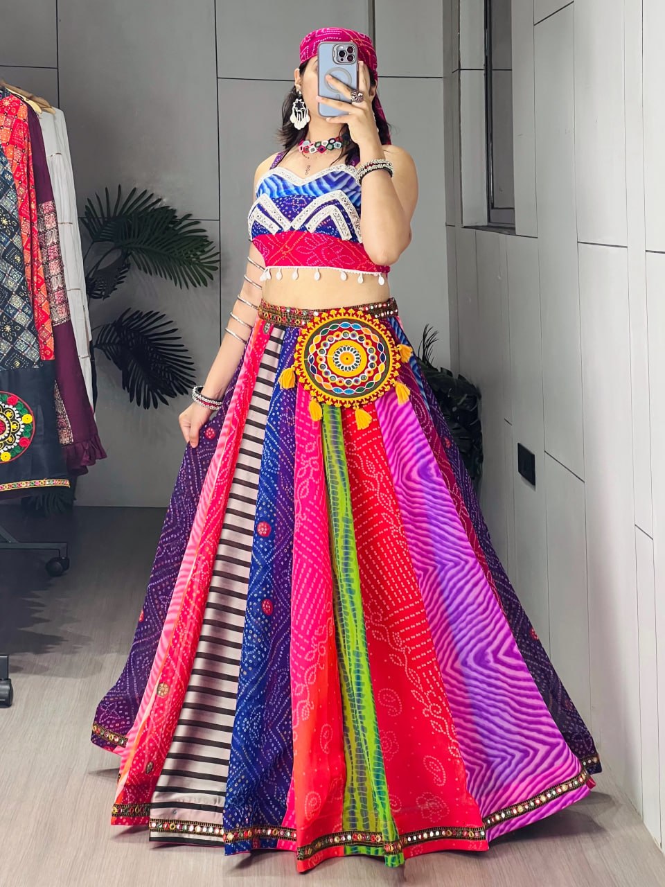 Multicolor Bandhani Print Navratri Chaniya Choli Set with Free Gamthi Batwa & Scarf