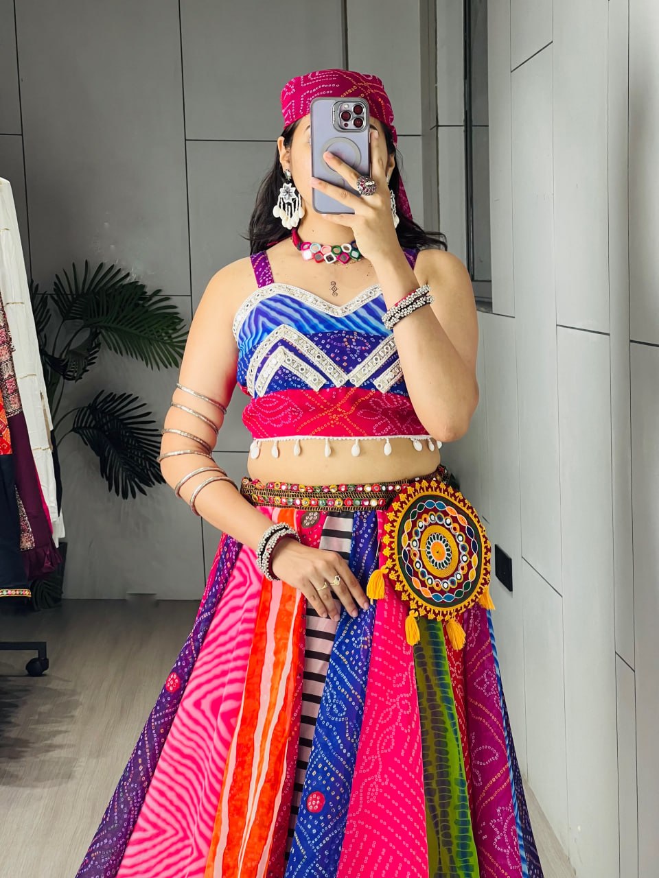 Multicolor Bandhani Print Navratri Chaniya Choli Set with Free Gamthi Batwa & Scarf