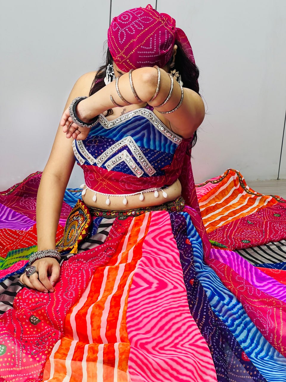 Multicolor Bandhani Print Navratri Chaniya Choli Set with Free Gamthi Batwa & Scarf