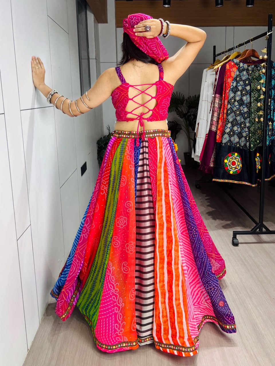 Multicolor Bandhani Print Navratri Chaniya Choli Set with Free Gamthi Batwa & Scarf