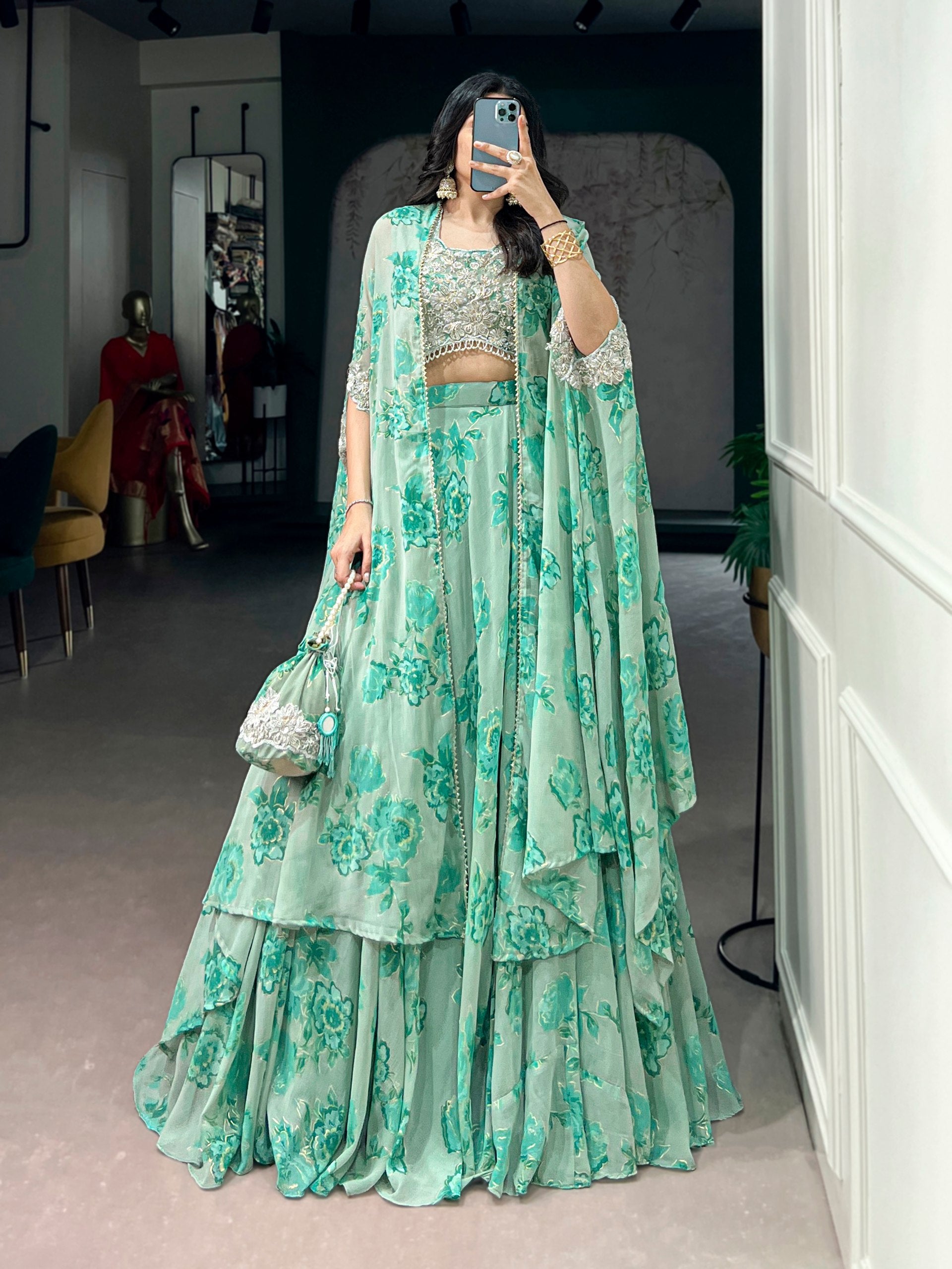 Mint Green Floral Georgette Cape Style Lehenga Choli Set with Embroidered Blouse & Batwa