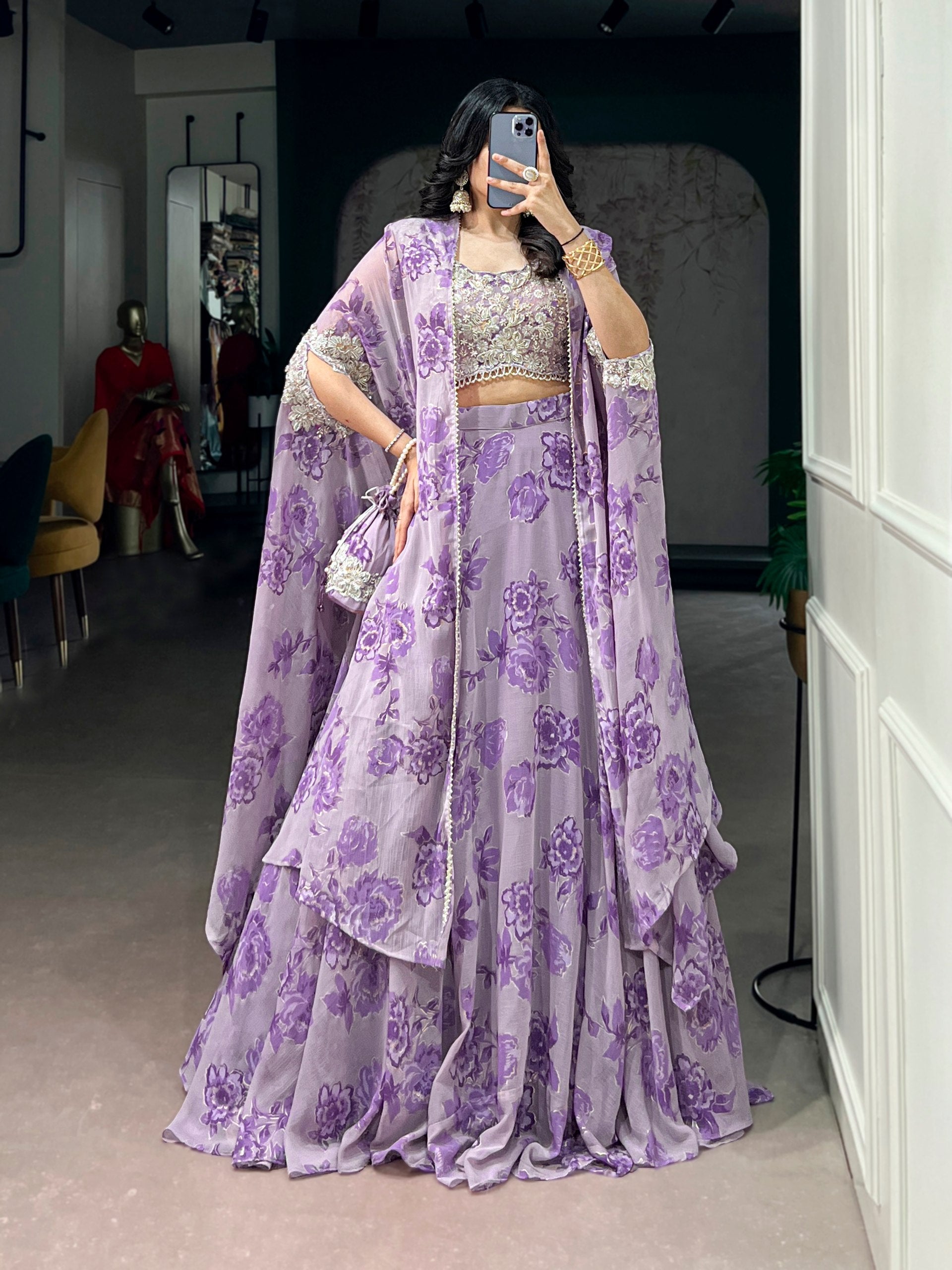 Lavender Floral Georgette Cape Style Lehenga Choli Set with Embroidered Blouse & Batwa