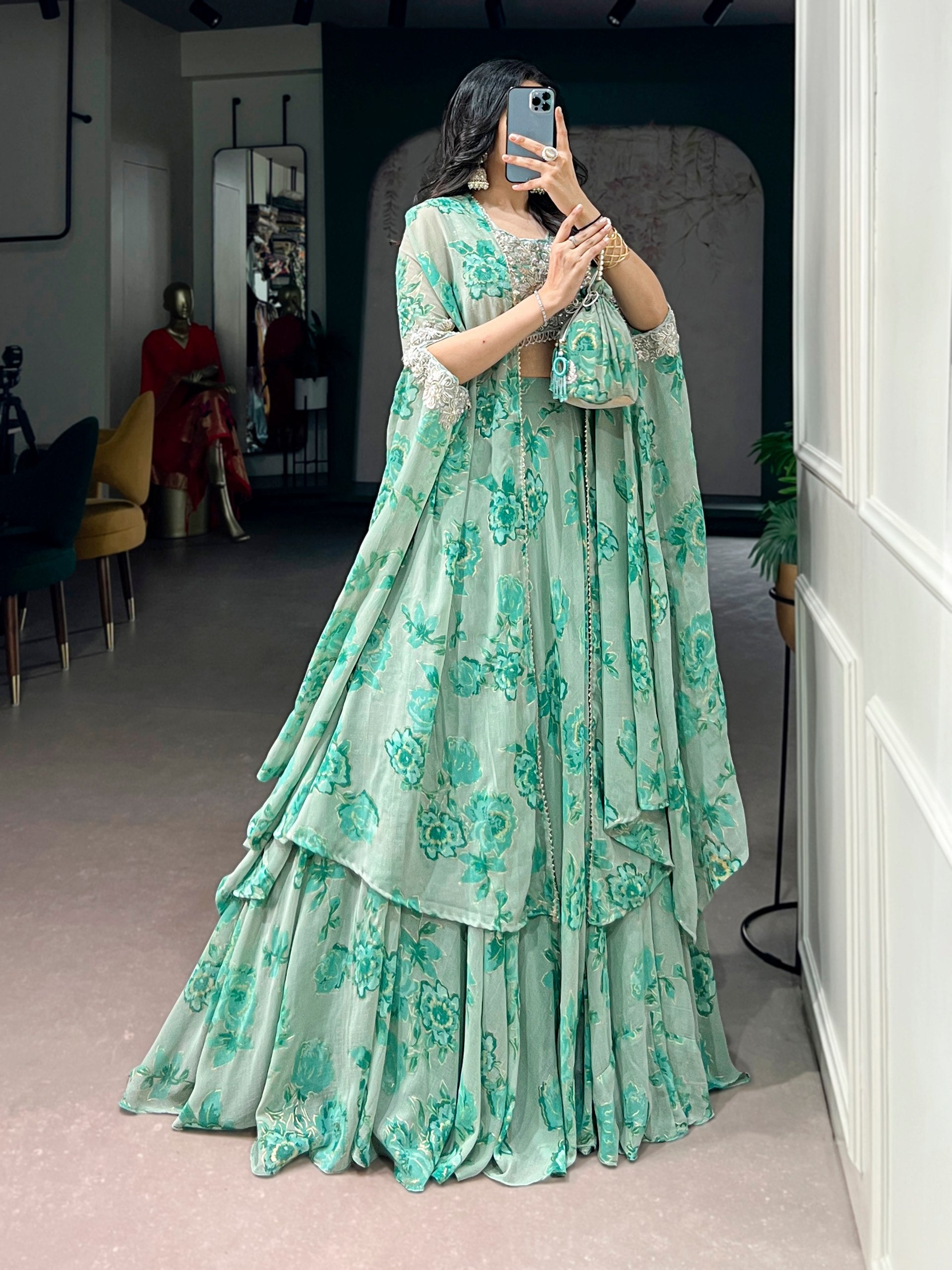 Mint Green Floral Georgette Cape Style Lehenga Choli Set with Embroidered Blouse & Batwa