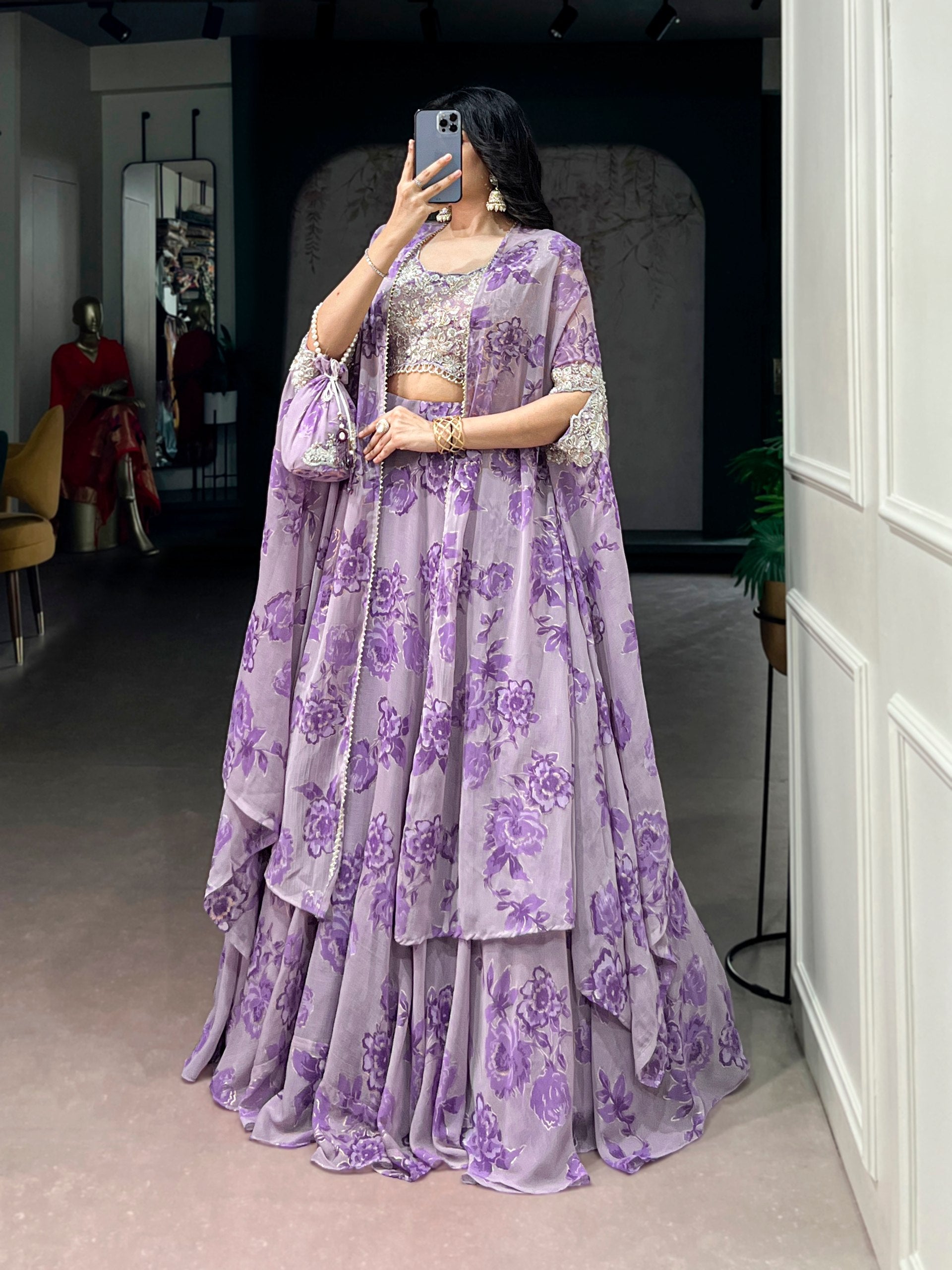 Lavender Floral Georgette Cape Style Lehenga Choli Set with Embroidered Blouse & Batwa