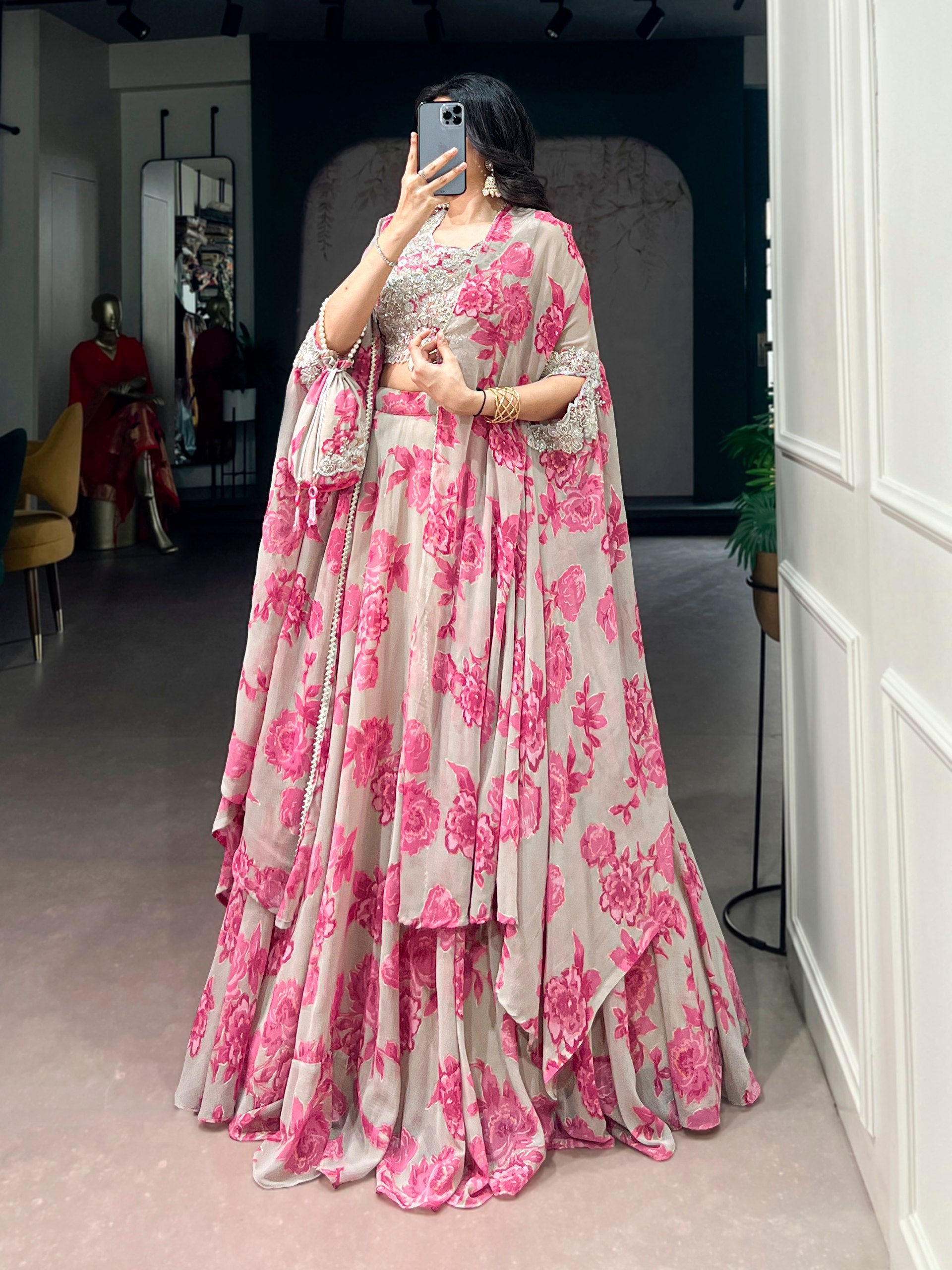 Pastel Pink Floral Georgette Cape Style Lehenga Choli Set with Embroidered Blouse & Batwa